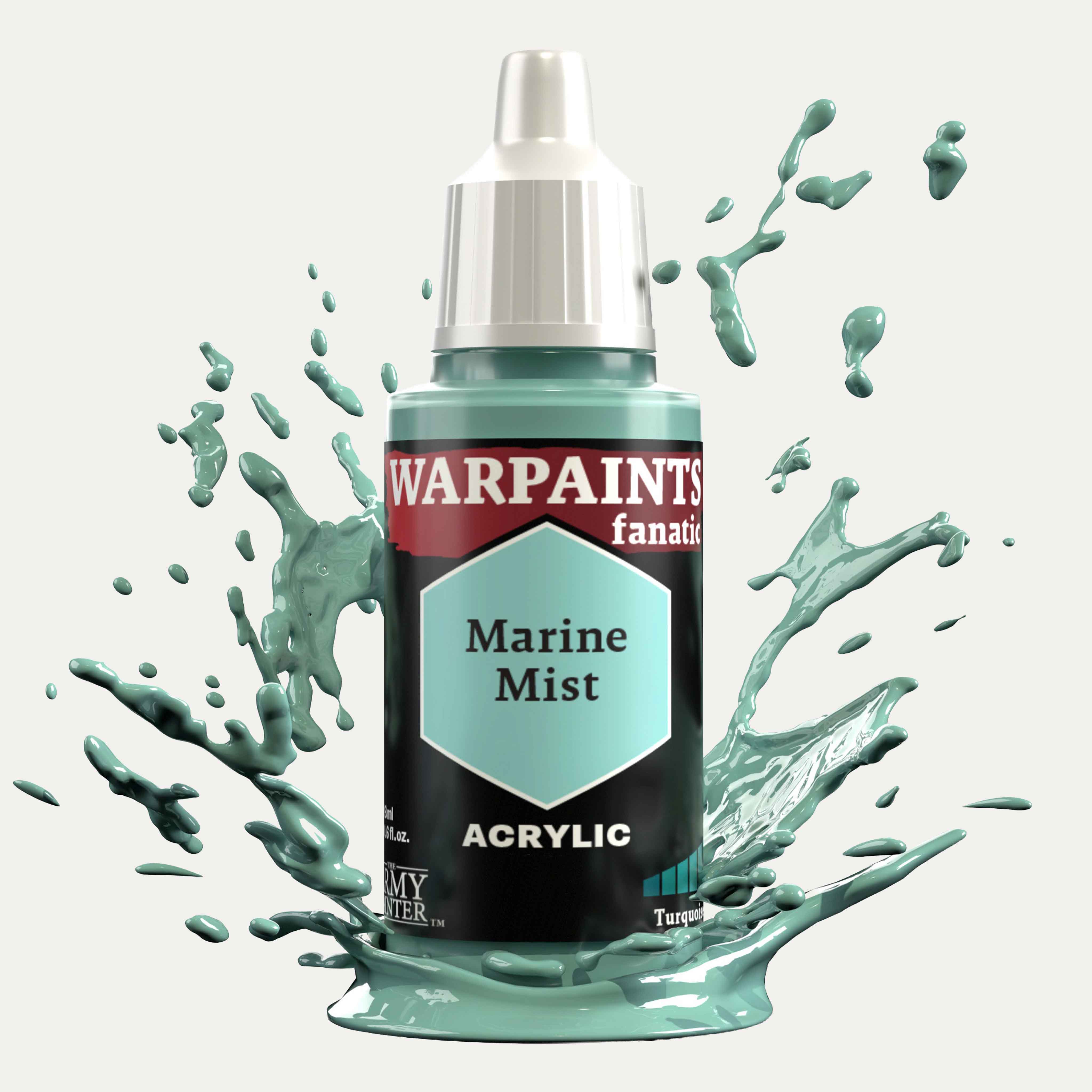 Bottle of the Army Painter Fanatics in the colour Marine Mist on a white background. There are splatters of paint emerging from the bottom of the paint bottle. 