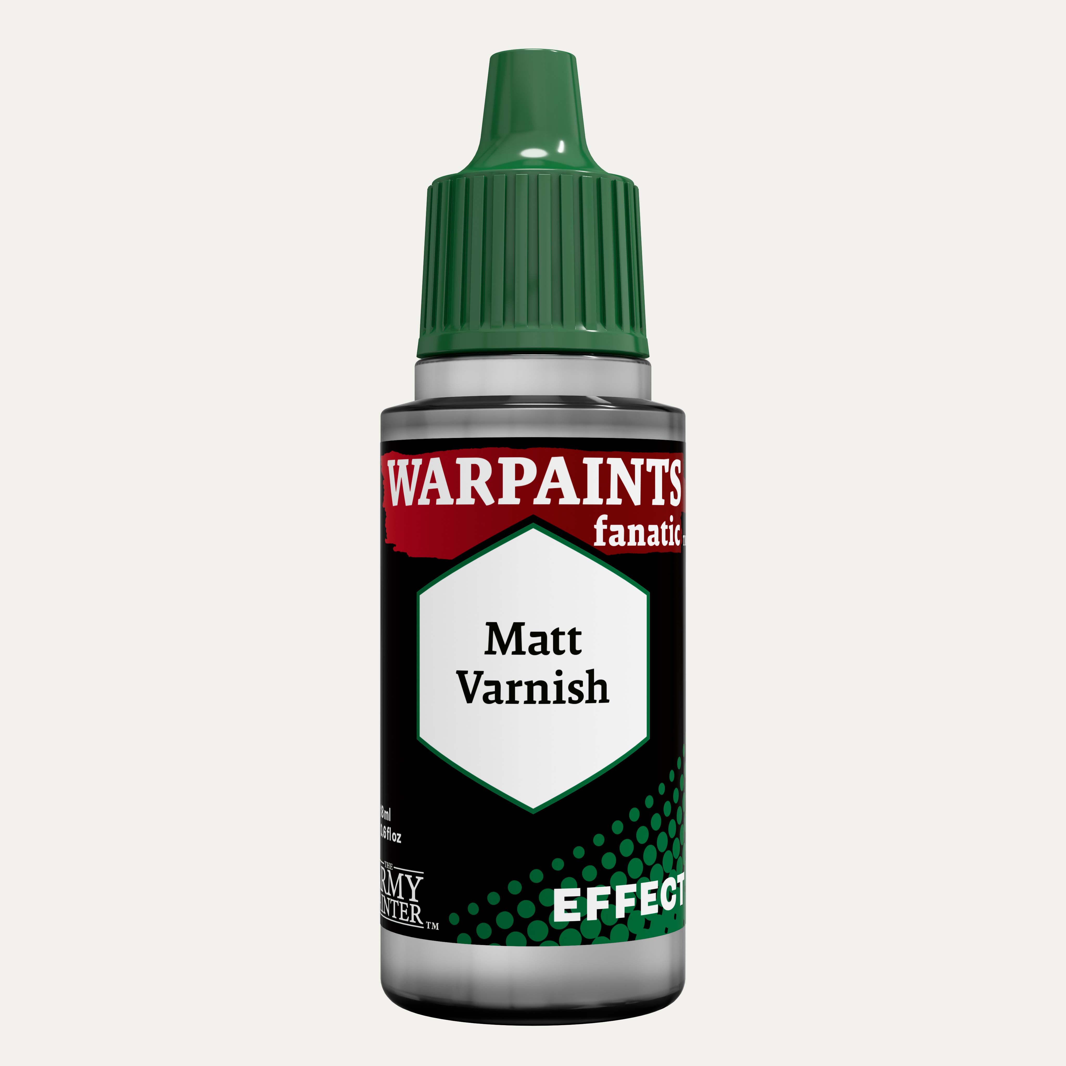 Bottle of the Army Painter Fanatics Effects Matt Varnish on a white background. There are splatters of paint emerging from the bottom of the paint bottle. 
