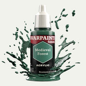 Bottle of the Army Painter Fanatics in the colour Medieval Forest on a white background. There are splatters of paint emerging from the bottom of the paint bottle. 