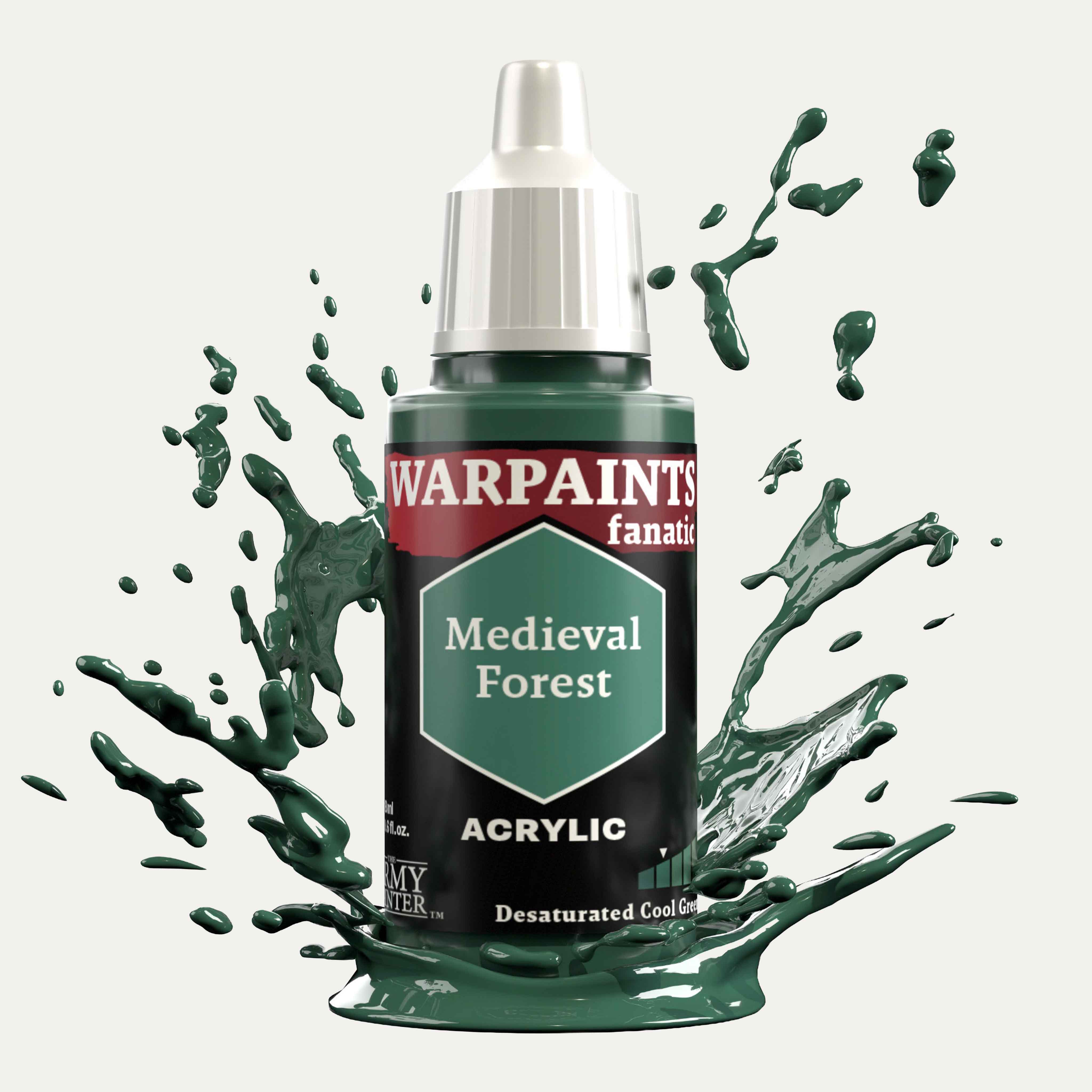 Bottle of the Army Painter Fanatics in the colour Medieval Forest on a white background. There are splatters of paint emerging from the bottom of the paint bottle. 