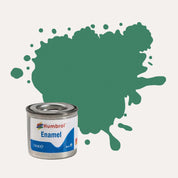 Humbrol Enamel paint tin, with a splatter of Mid Green Matt colour behind it, on a white background.
