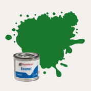 Humbrol Enamel paint tin, with a splatter of Mid Green Satin colour behind it, on a white background.