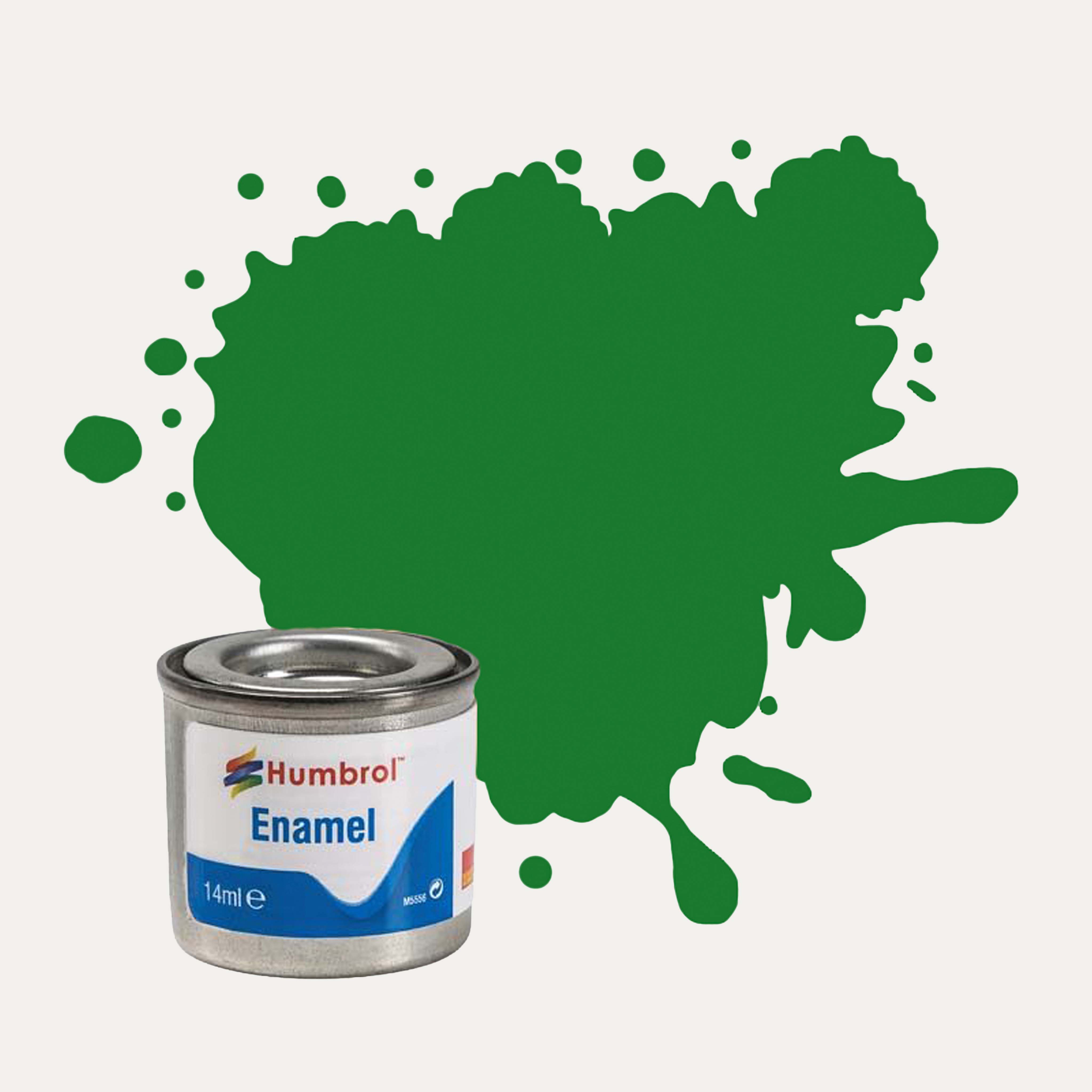 Humbrol Enamel paint tin, with a splatter of Mid Green Satin colour behind it, on a white background.