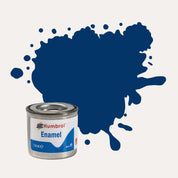 Humbrol Enamel paint tin, with a splatter of Midnight Blue Gloss colour behind it, on a white background.