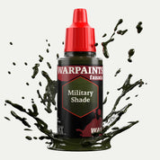 Bottle of the Army Painter Fanatics Wash in the colour Military Tone on a white background. There are splatters of paint emerging from the bottom of the paint bottle. 