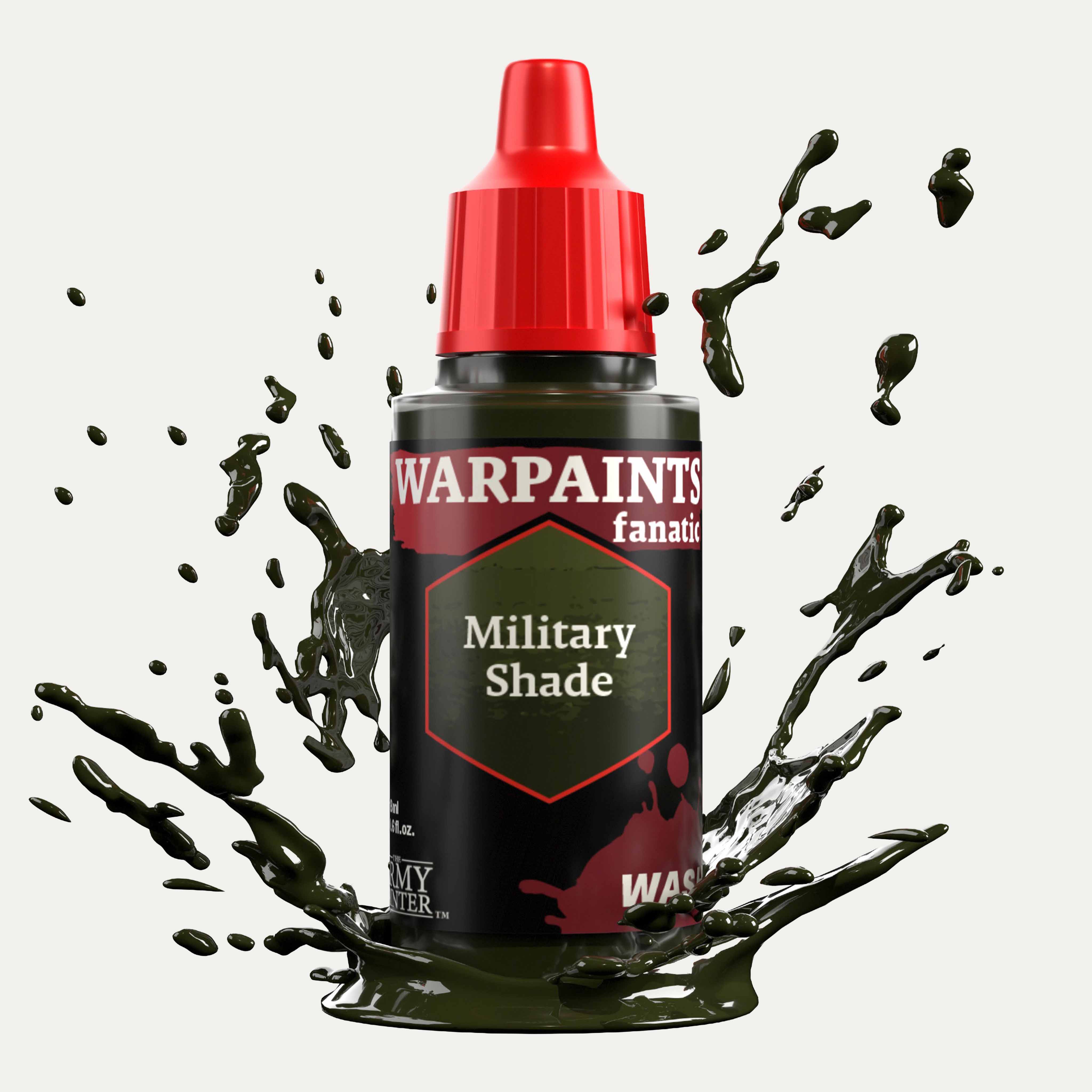 Bottle of the Army Painter Fanatics Wash in the colour Military Tone on a white background. There are splatters of paint emerging from the bottom of the paint bottle. 