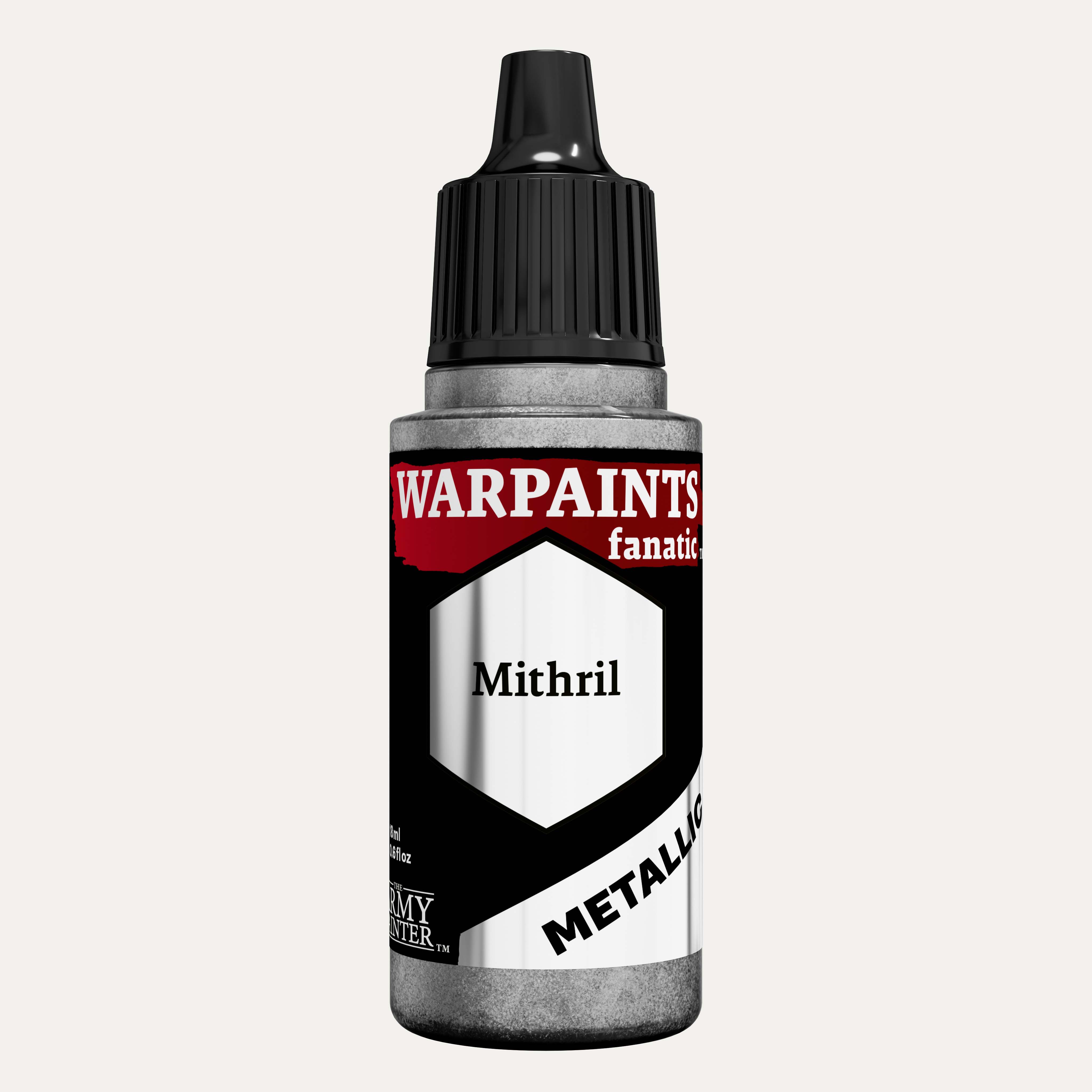 Bottle of the Army Painter Fanatics Metallic paint in the colour Mithril on a white background.