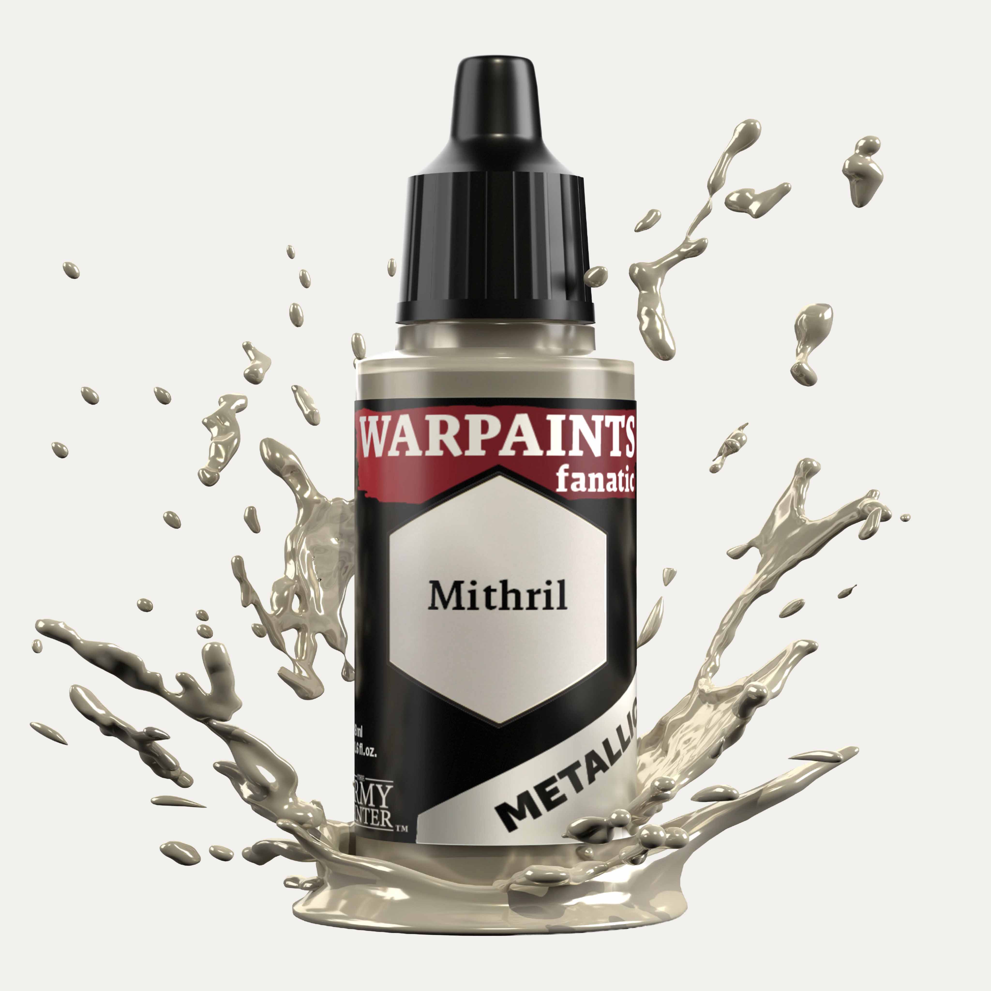 Bottle of the Army Painter Fanatics Metallic paint in the colour Mithril on a white background. There are splatters of paint emerging from the bottom of the paint bottle. 