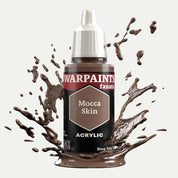 Bottle of the Army Painter Fanatics in the colour Mocca Skin on a white background. There are splatters of paint emerging from the bottom of the paint bottle. 