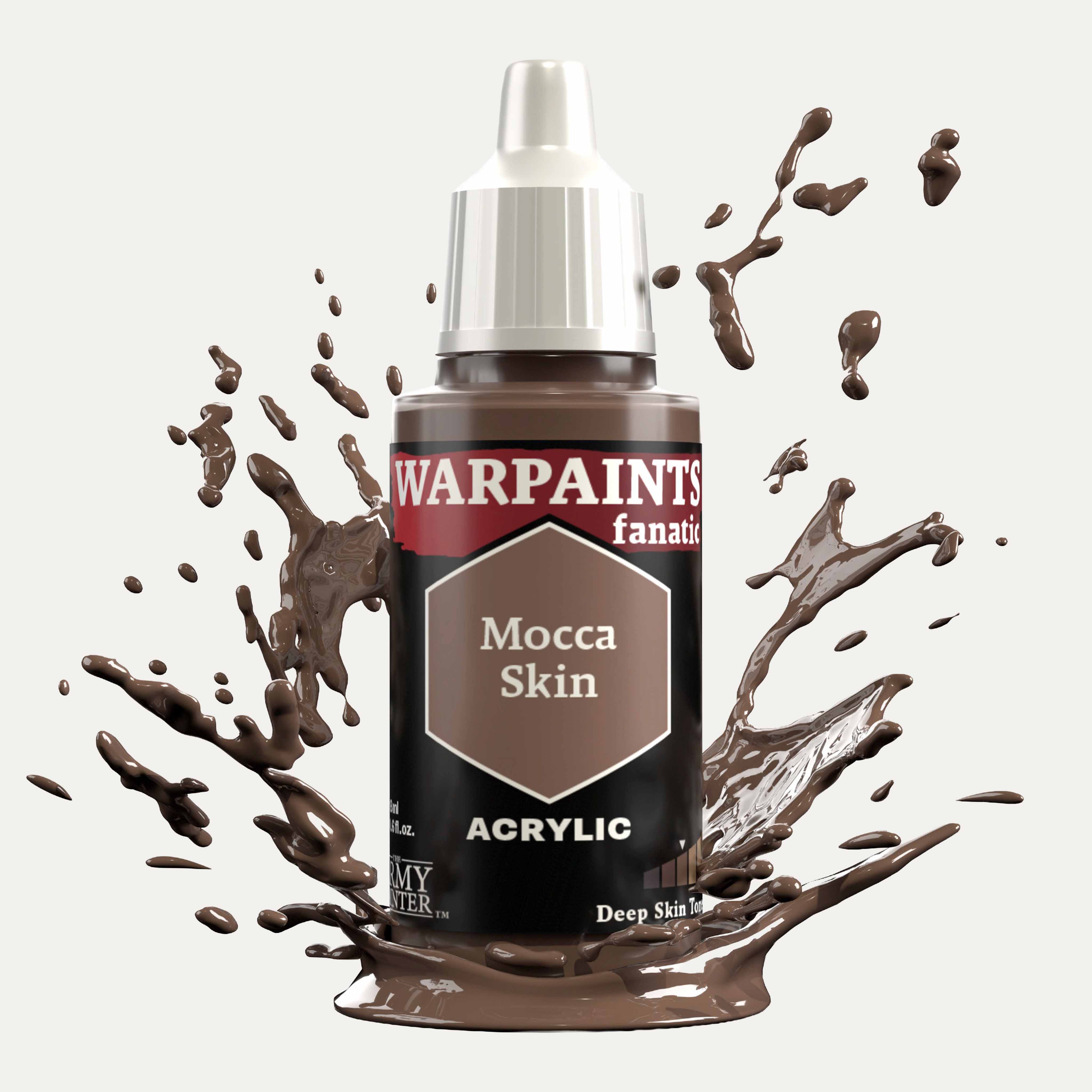 Bottle of the Army Painter Fanatics in the colour Mocca Skin on a white background. There are splatters of paint emerging from the bottom of the paint bottle. 
