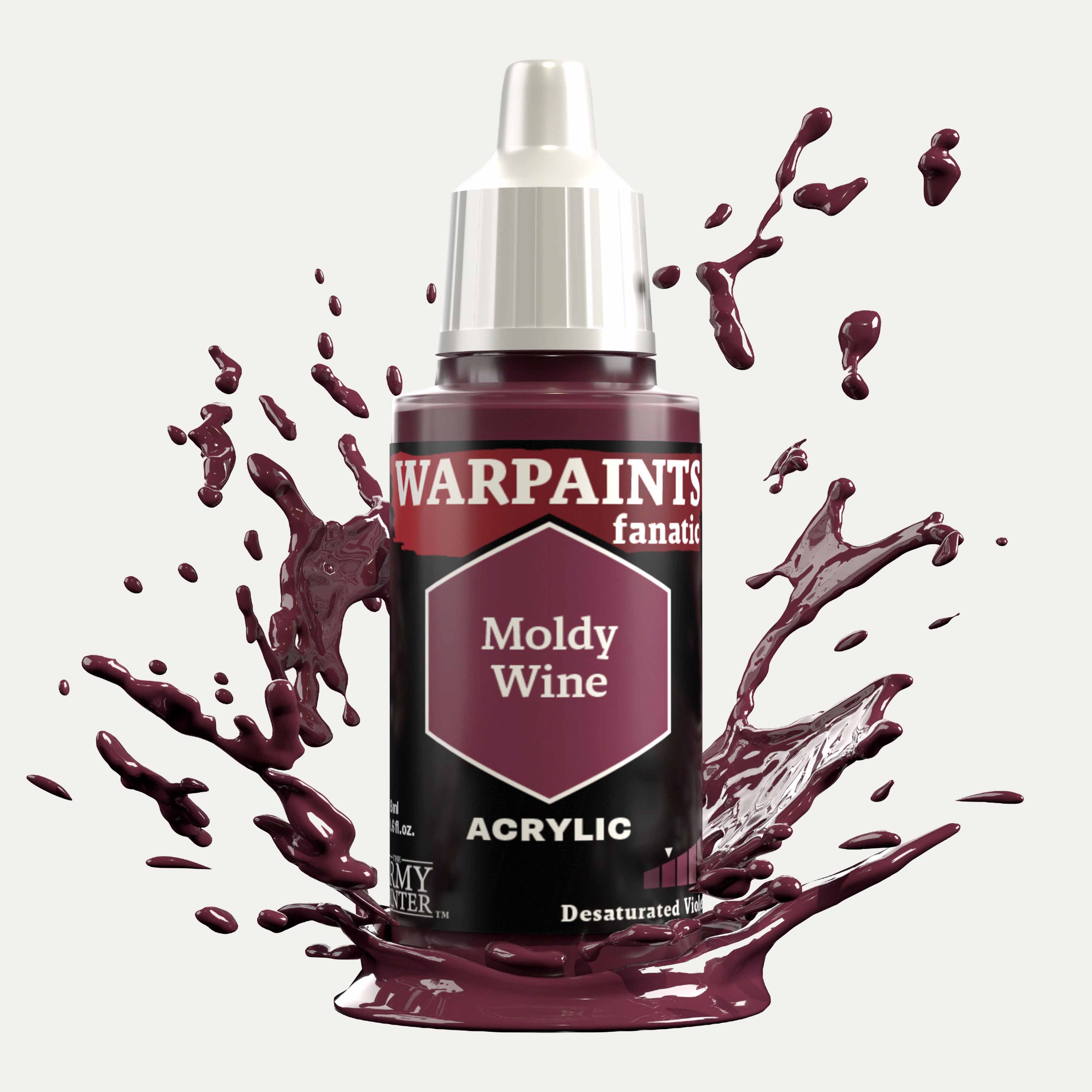 Bottle of the Army Painter Fanatics in the colour Moldy Wine on a white background. There are splatters of paint emerging from the bottom of the paint bottle. 