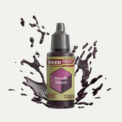 Bottle of the Army Painter Speedpaint in the colour Moody Mauve on a white background. There are splatters of Moody Mauve paint emerging from the bottom of the paint bottle. 