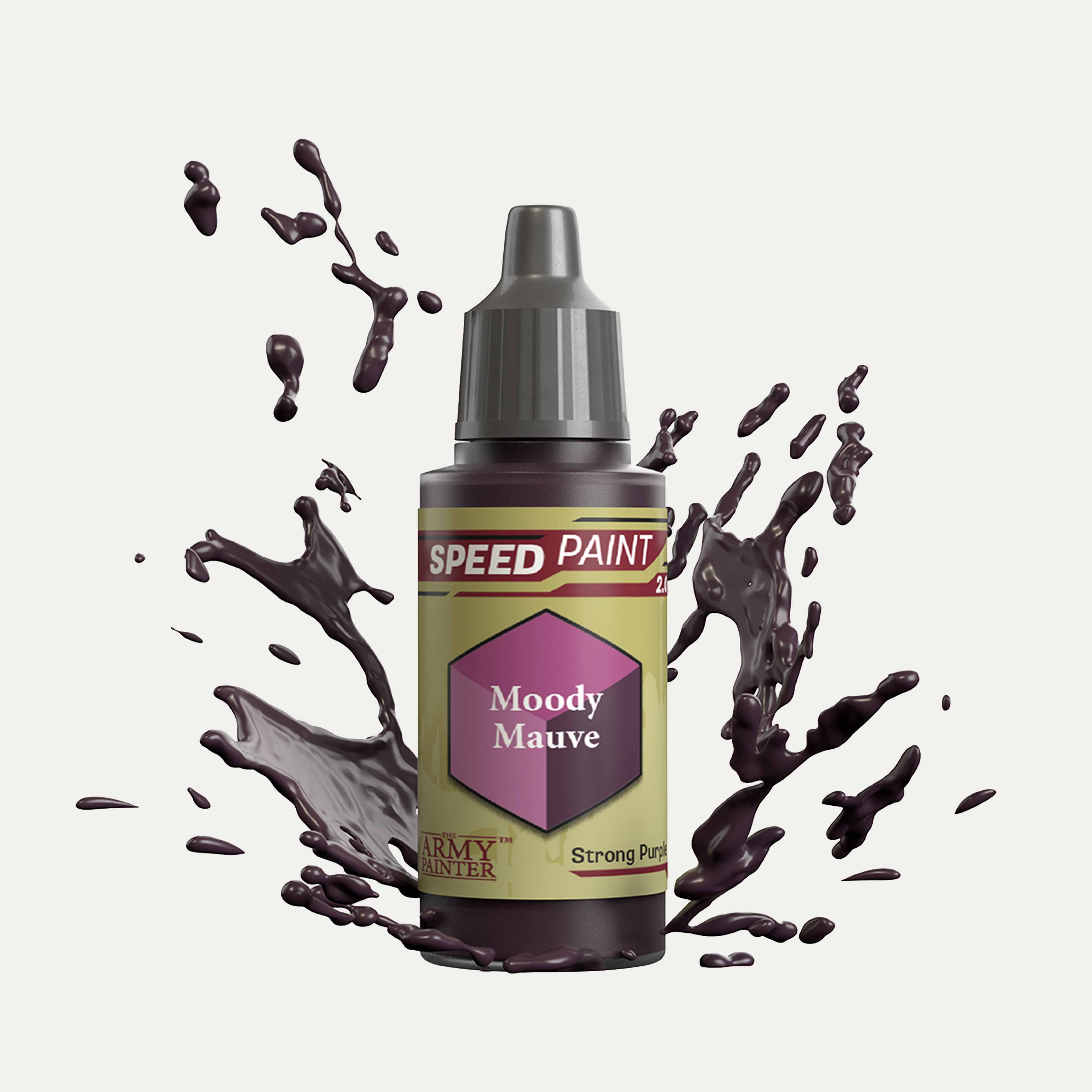 Bottle of the Army Painter Speedpaint in the colour Moody Mauve on a white background. There are splatters of Moody Mauve paint emerging from the bottom of the paint bottle. 