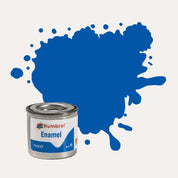 Humbrol Enamel paint tin, with a splatter of Moonlight Blue Metallic colour behind it, on a white background.
