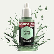 Bottle of the Army Painter Fanatics in the colour Mossy Green on a white background. There are splatters of paint emerging from the bottom of the paint bottle. 