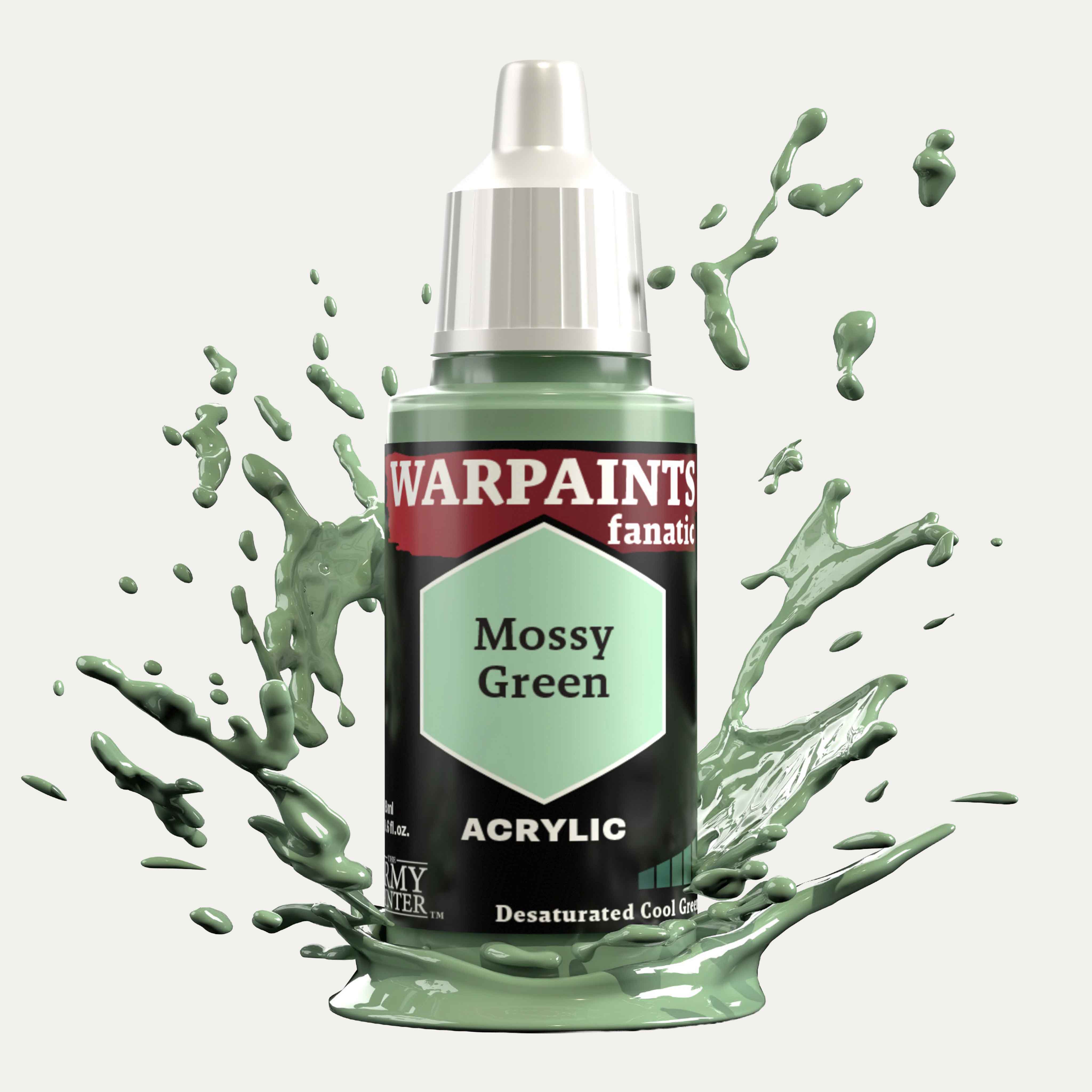 Bottle of the Army Painter Fanatics in the colour Mossy Green on a white background. There are splatters of paint emerging from the bottom of the paint bottle. 