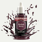 Bottle of the Army Painter Fanatics in the colour Mulled Berry on a white background. There are splatters of paint emerging from the bottom of the paint bottle. 