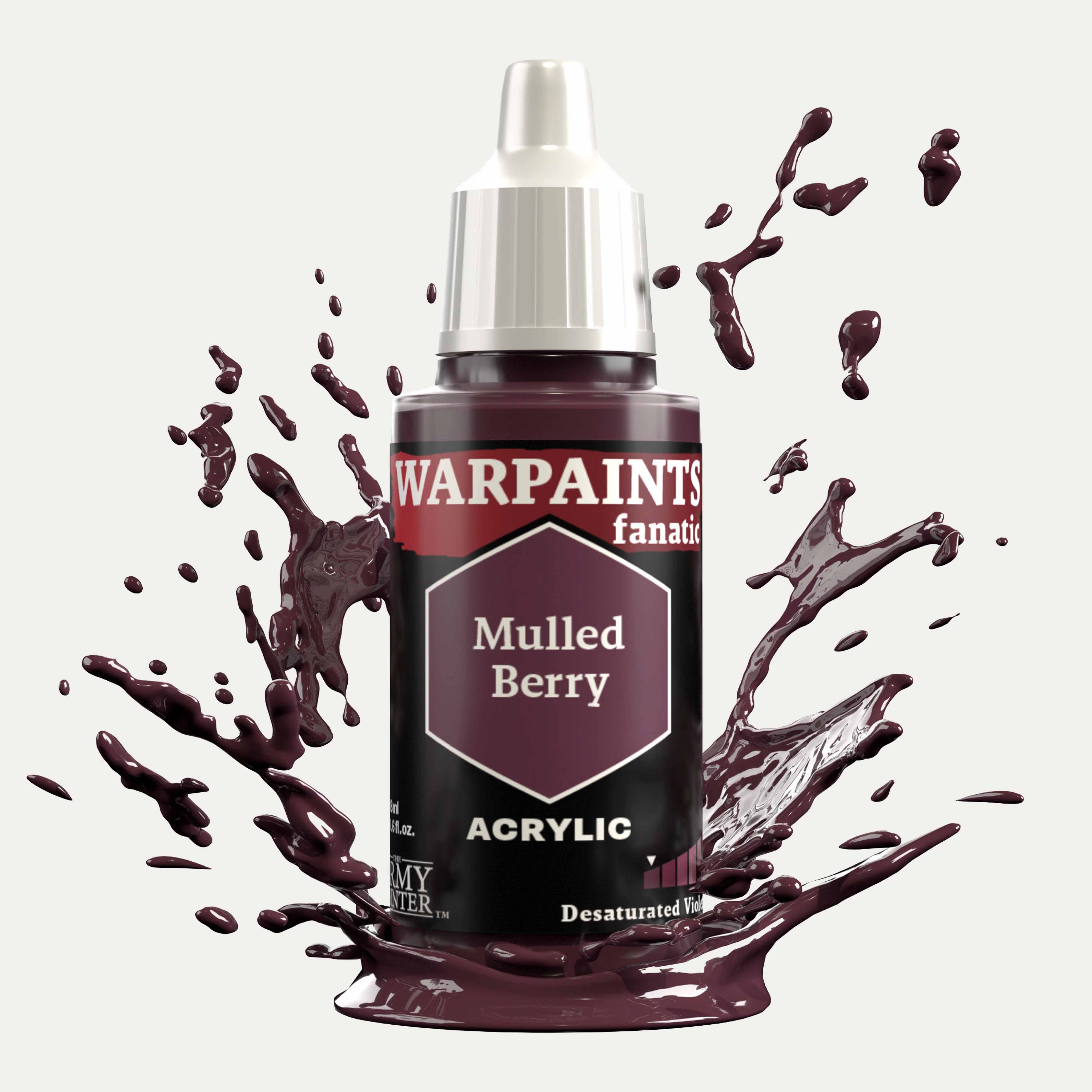 Bottle of the Army Painter Fanatics in the colour Mulled Berry on a white background. There are splatters of paint emerging from the bottom of the paint bottle. 