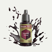 Bottle of the Army Painter Speedpaint in the colour Murder Scene on a white background. There are splatters of Murder Scene paint emerging from the bottom of the paint bottle. 