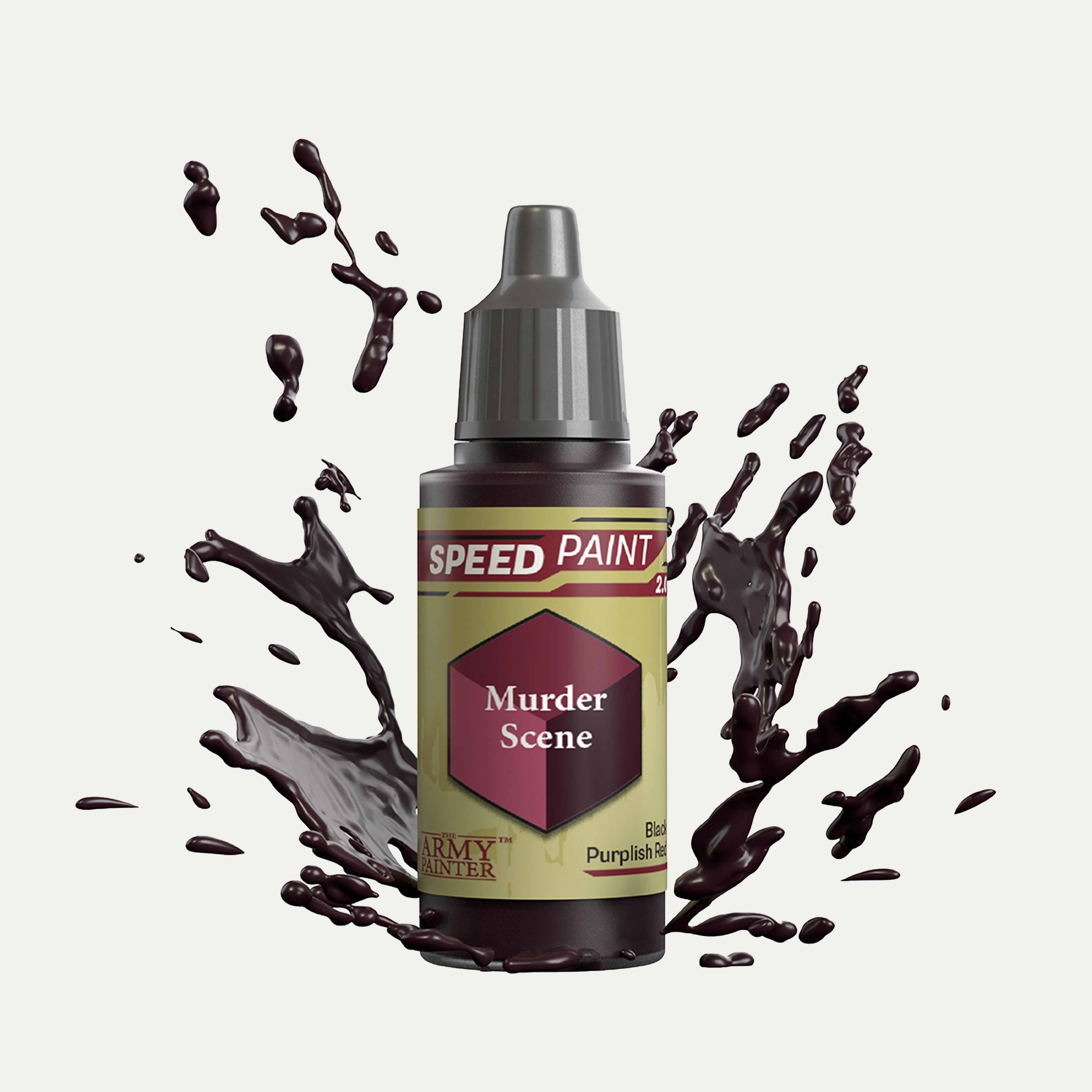Bottle of the Army Painter Speedpaint in the colour Murder Scene on a white background. There are splatters of Murder Scene paint emerging from the bottom of the paint bottle. 