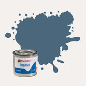 Humbrol Enamel paint tin, with a splatter of Navy Blue Matt colour behind it, on a white background.