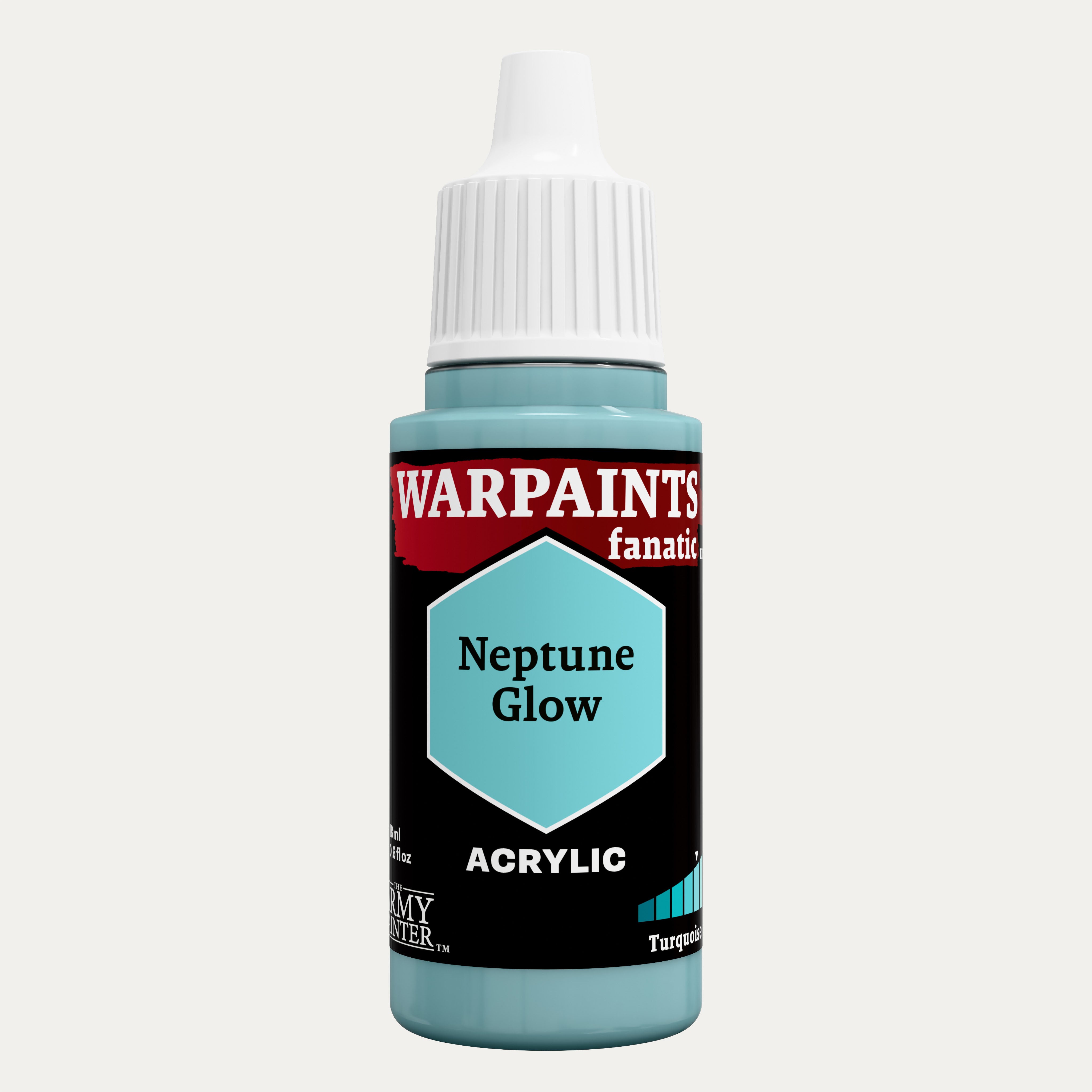Bottle of the Army Painter Fanatics in the colour Neptune Glow on a white background.