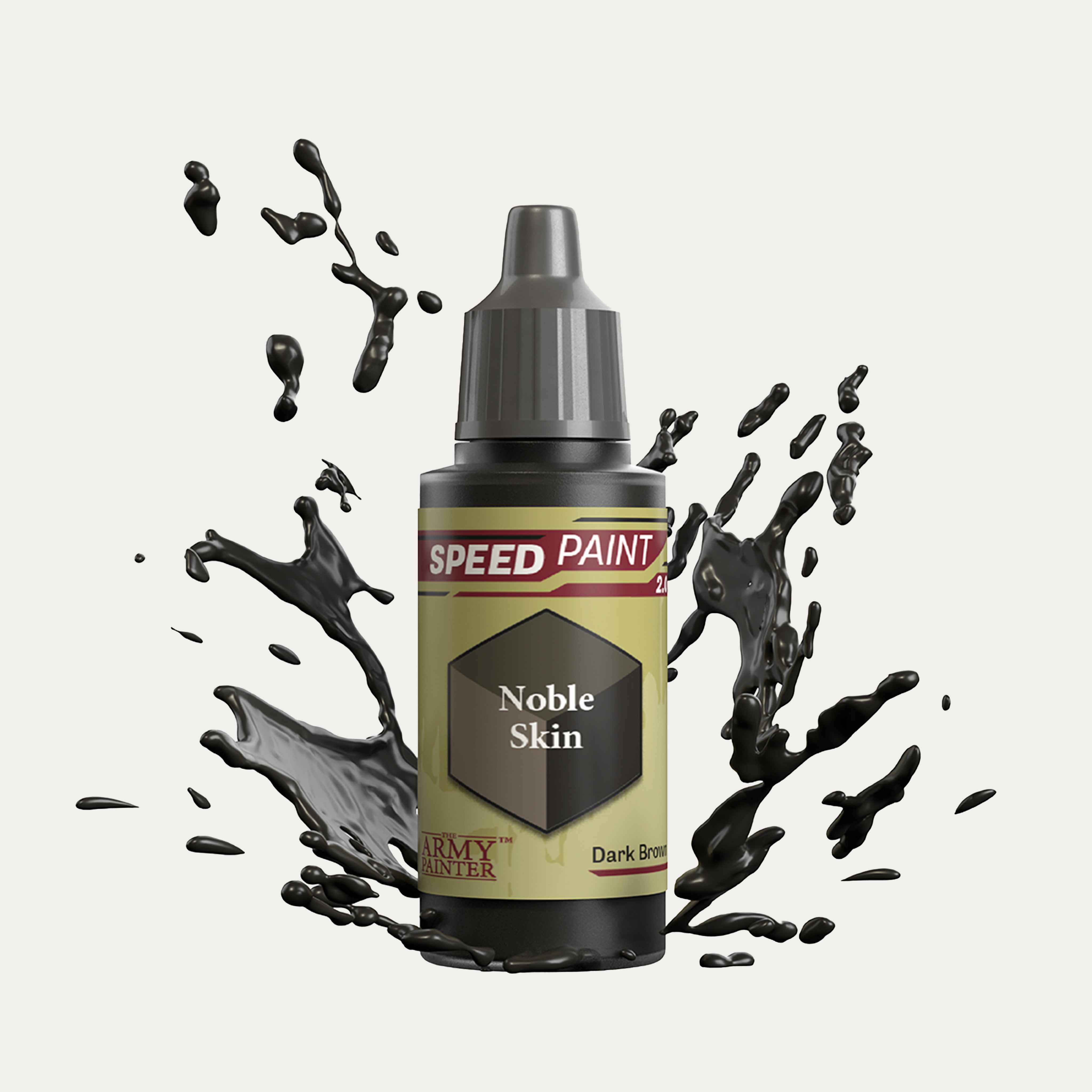 Bottle of the Army Painters Speedpaint in the colour Noble Skin on a white background. There are splatters of Noble Skin paint emerging from the bottom of the paint bottle. 