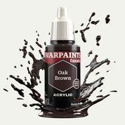 Bottle of the Army Painter Fanatics in the colour Oak Brown on a white background. There are splatters of paint emerging from the bottom of the paint bottle. 