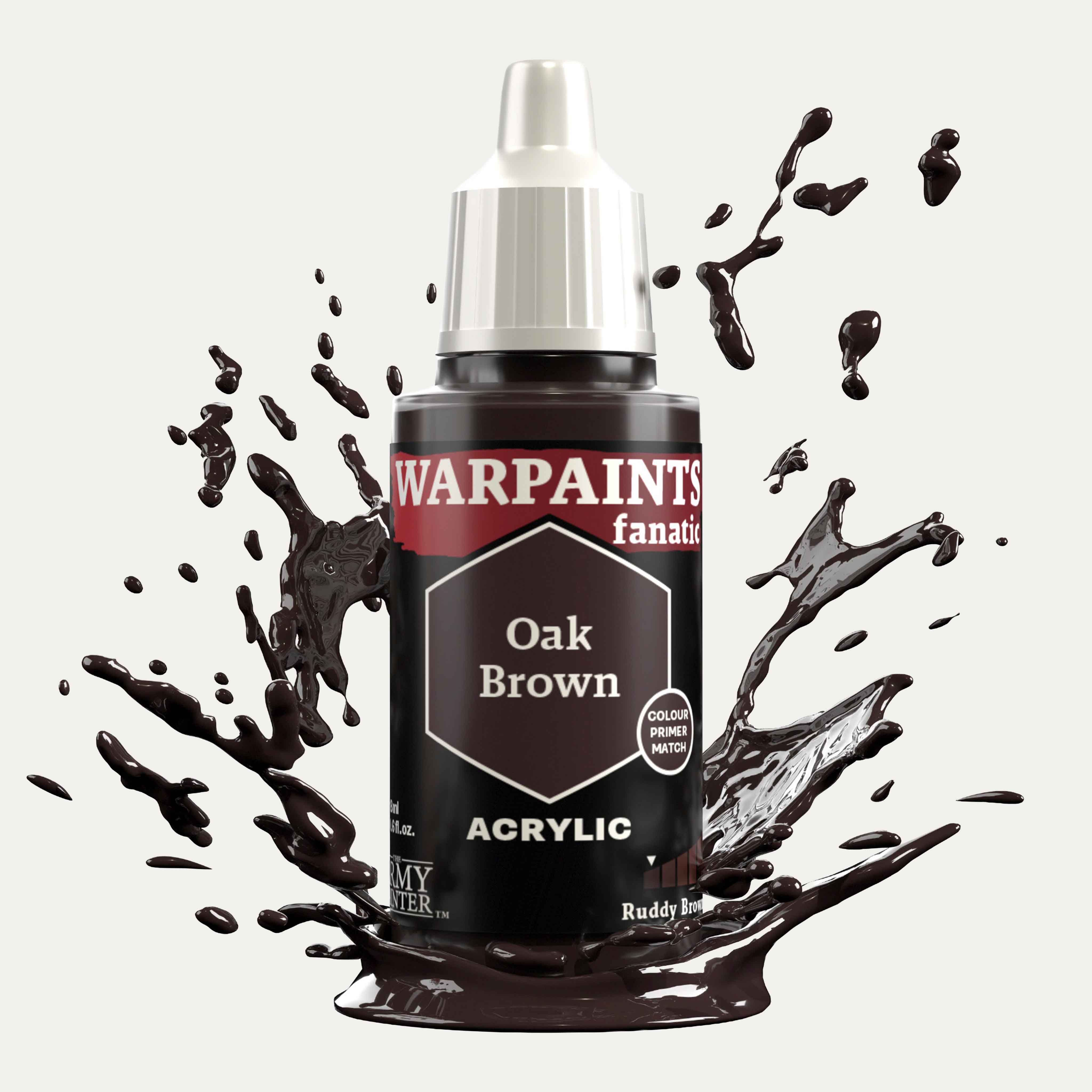 Bottle of the Army Painter Fanatics in the colour Oak Brown on a white background. There are splatters of paint emerging from the bottom of the paint bottle. 
