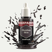 Bottle of the Army Painter Fanatics in the colour Obsidian Skin on a white background. There are splatters of paint emerging from the bottom of the paint bottle. 