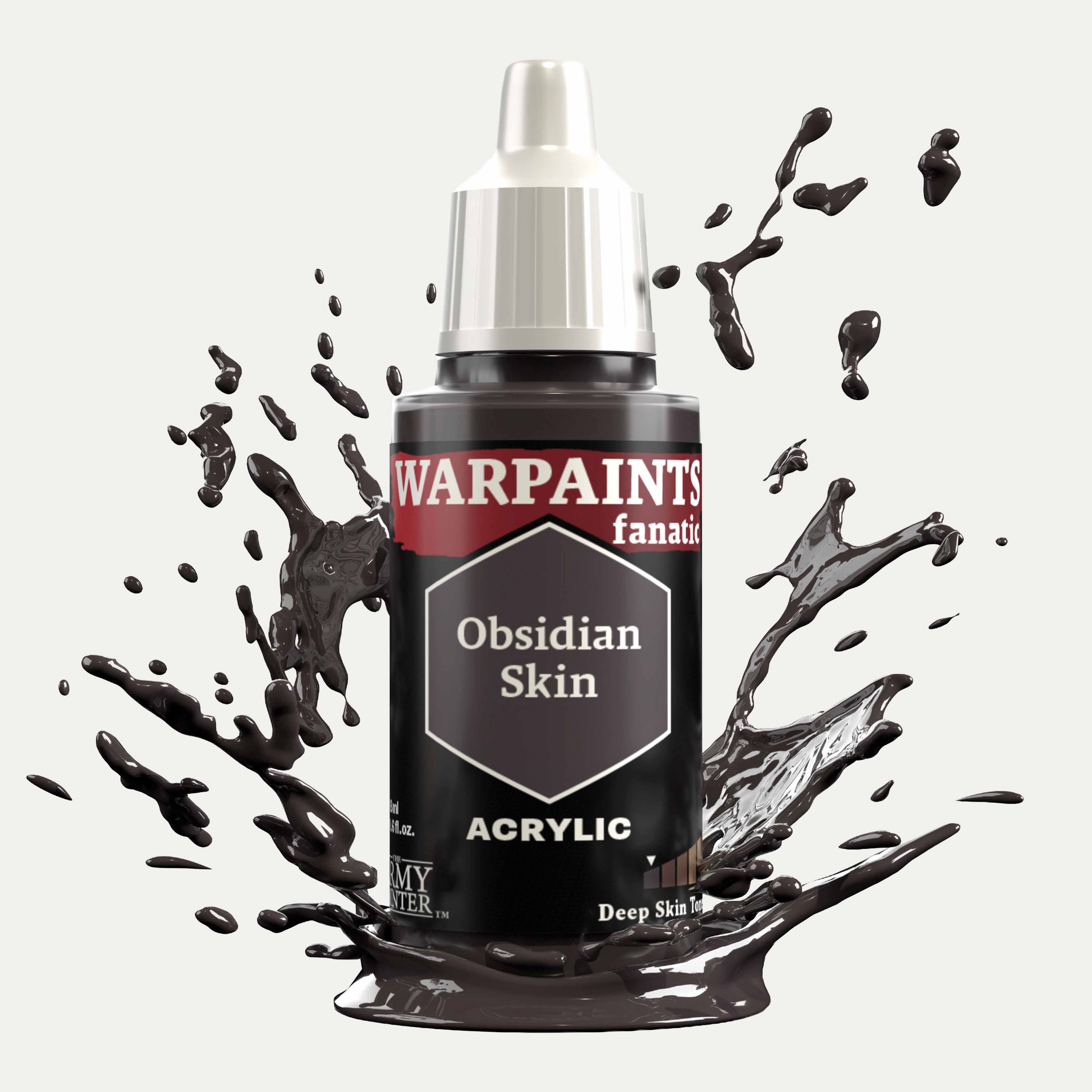 Bottle of the Army Painter Fanatics in the colour Obsidian Skin on a white background. There are splatters of paint emerging from the bottom of the paint bottle. 