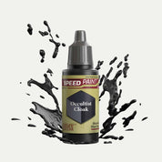 Bottle of the Army Painter Speedpaint in the colour Occultist Cloak on a white background. There are splatters of Occultist Cloak paint emerging from the bottom of the paint bottle. 