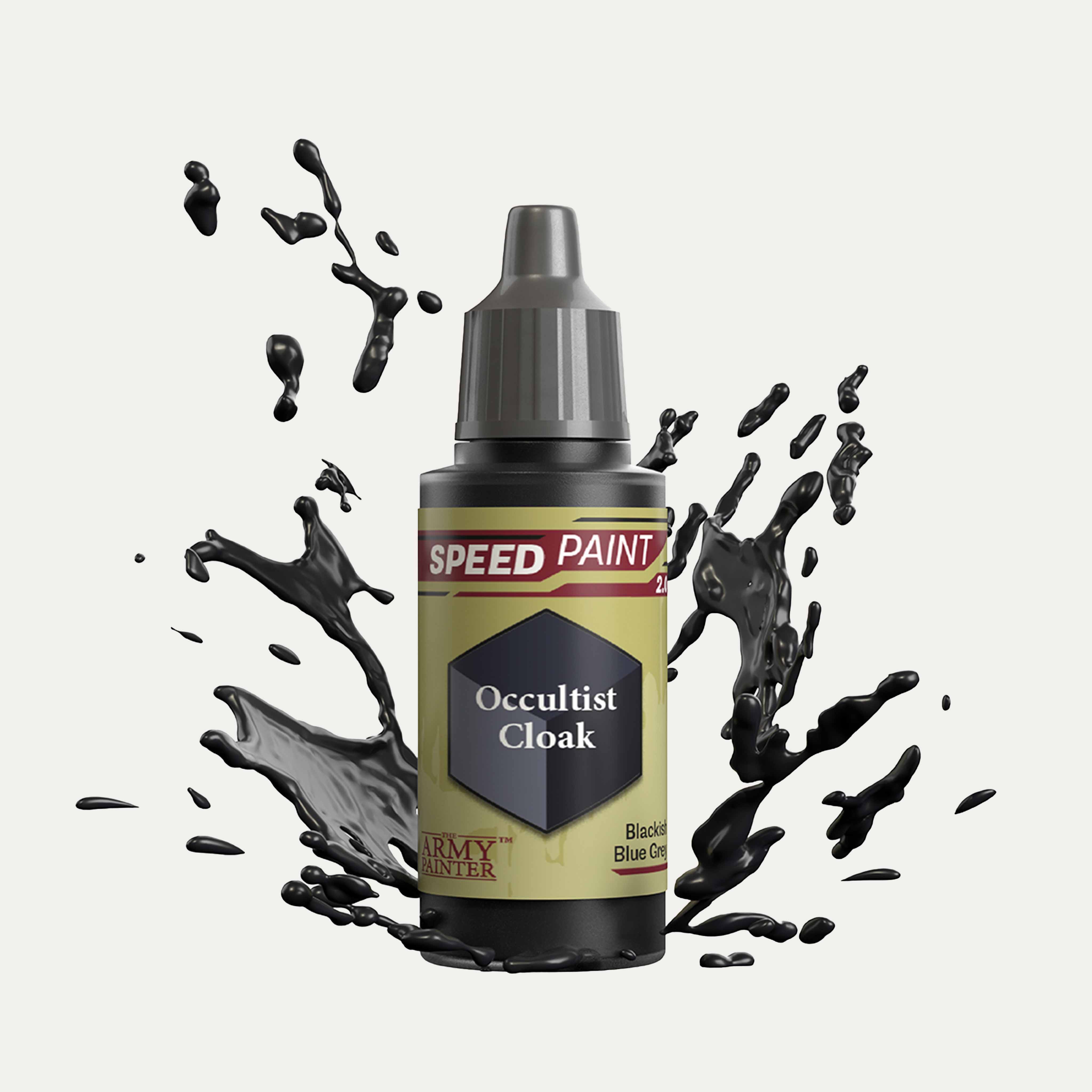 Bottle of the Army Painter Speedpaint in the colour Occultist Cloak on a white background. There are splatters of Occultist Cloak paint emerging from the bottom of the paint bottle. 