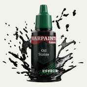 Bottle of the Army Painter Fanatics Effects in the colour Oil Stains on a white background. There are splatters of paint emerging from the bottom of the paint bottle. 