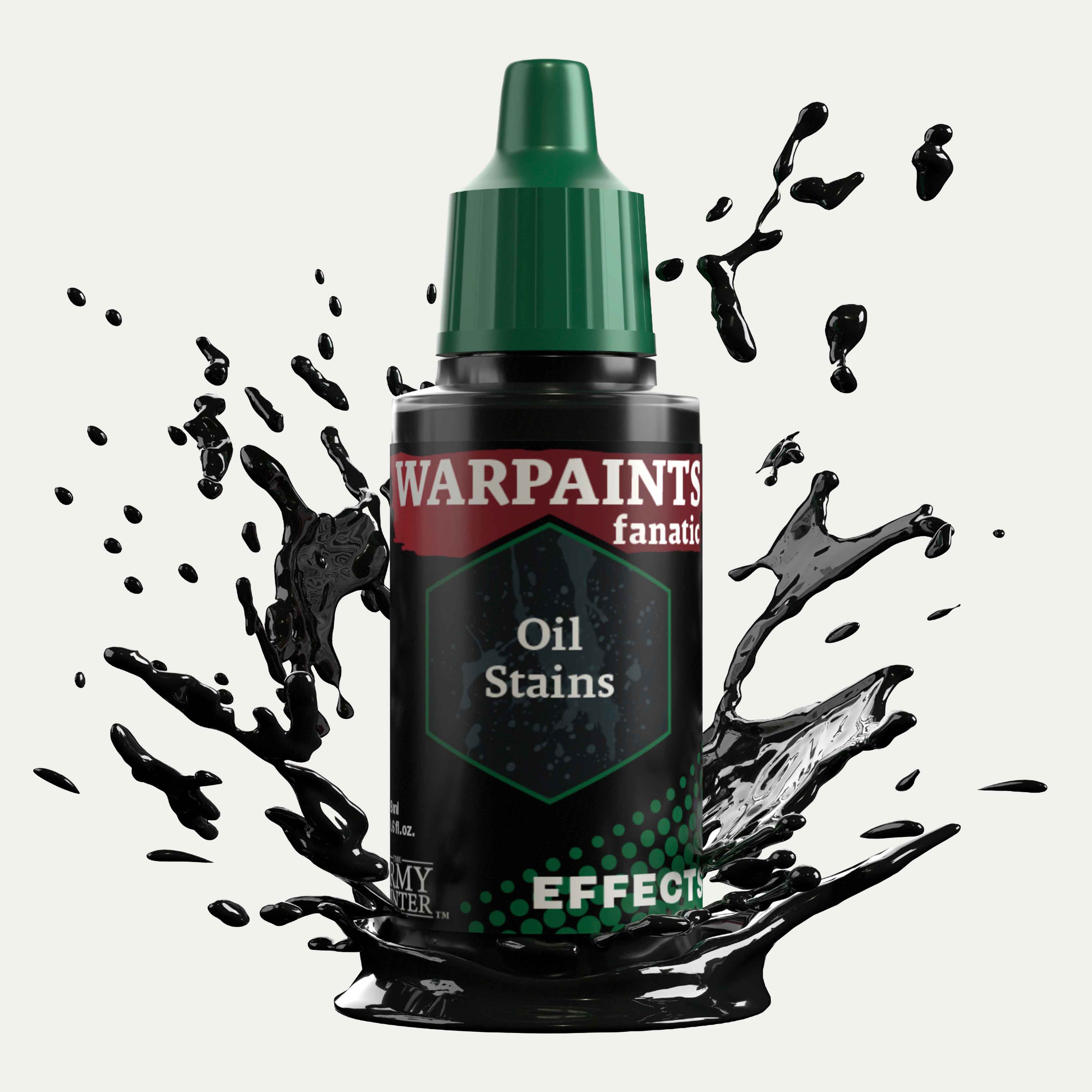 Bottle of the Army Painter Fanatics Effects in the colour Oil Stains on a white background. There are splatters of paint emerging from the bottom of the paint bottle. 