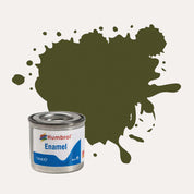 Humbrol Enamel paint tin, with a splatter of Olive Drab Matt colour behind it, on a white background.