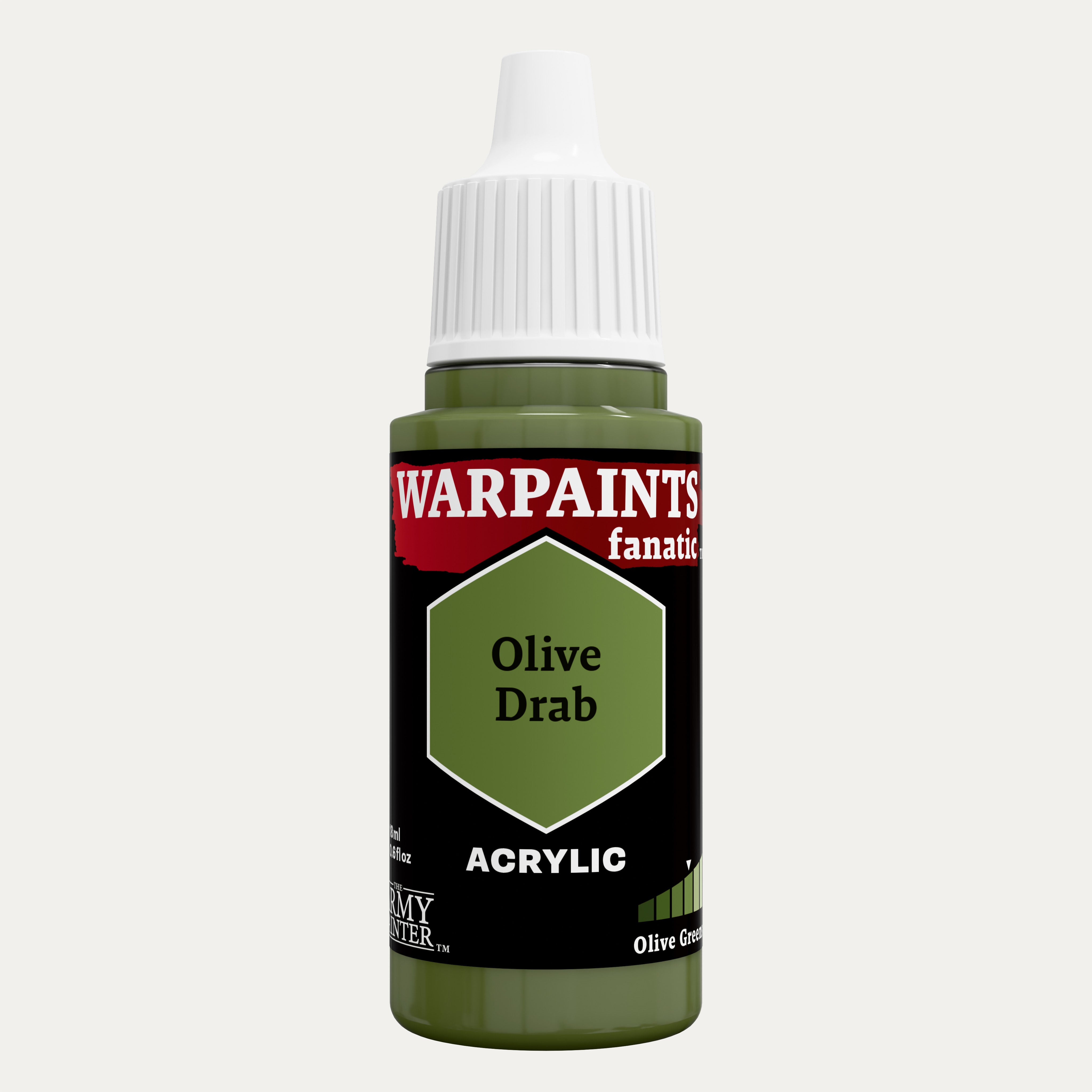 Bottle of the Army Painter Fanatics in the colour Olive Drab on a white background.