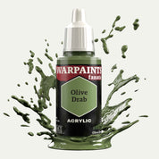Bottle of the Army Painter Fanatics in the colour Olive Drab on a white background. There are splatters of paint emerging from the bottom of the paint bottle. 