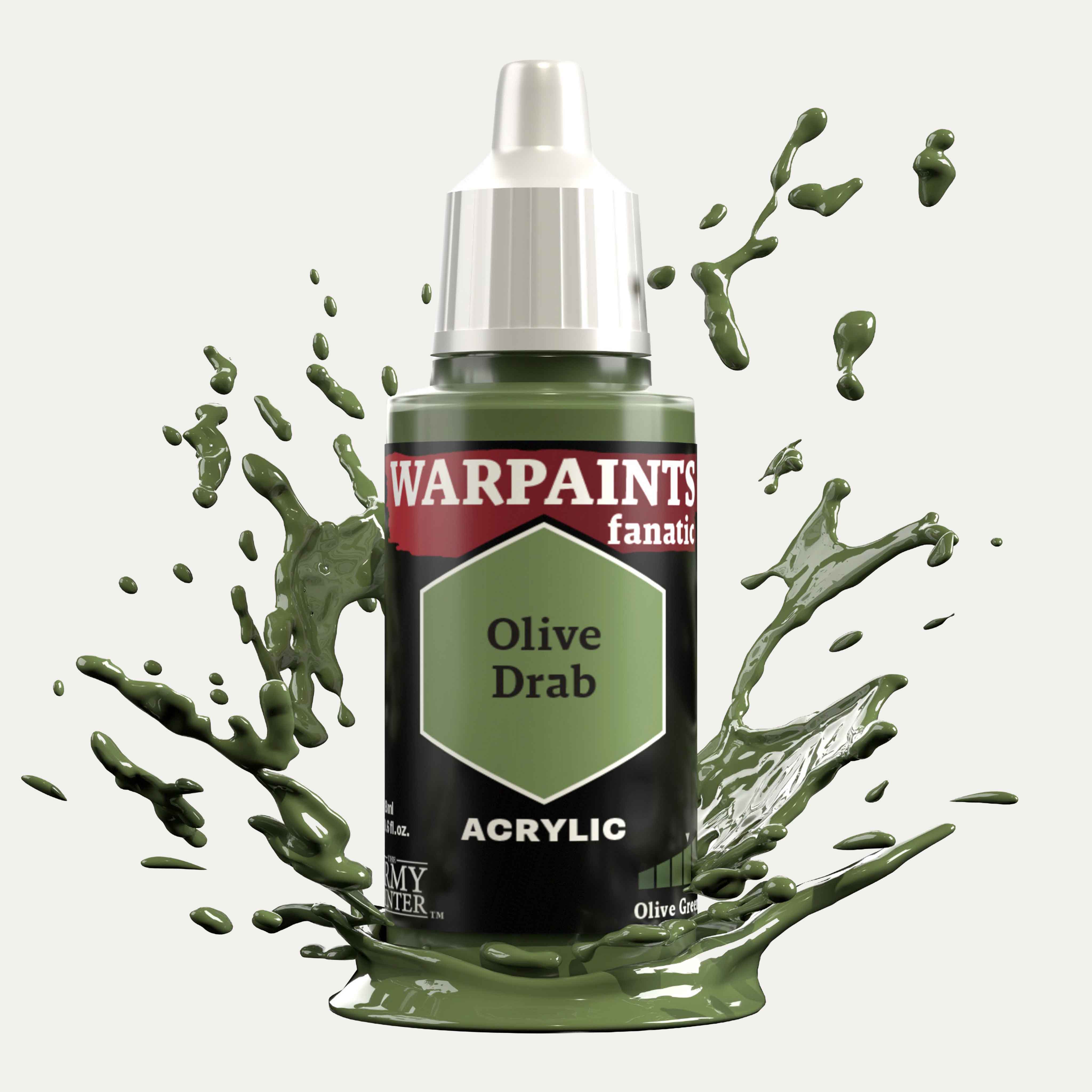Bottle of the Army Painter Fanatics in the colour Olive Drab on a white background. There are splatters of paint emerging from the bottom of the paint bottle. 