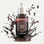 Bottle of the Army Painter Fanatics in the colour Onyx Skin on a white background. There are splatters of paint emerging from the bottom of the paint bottle. 