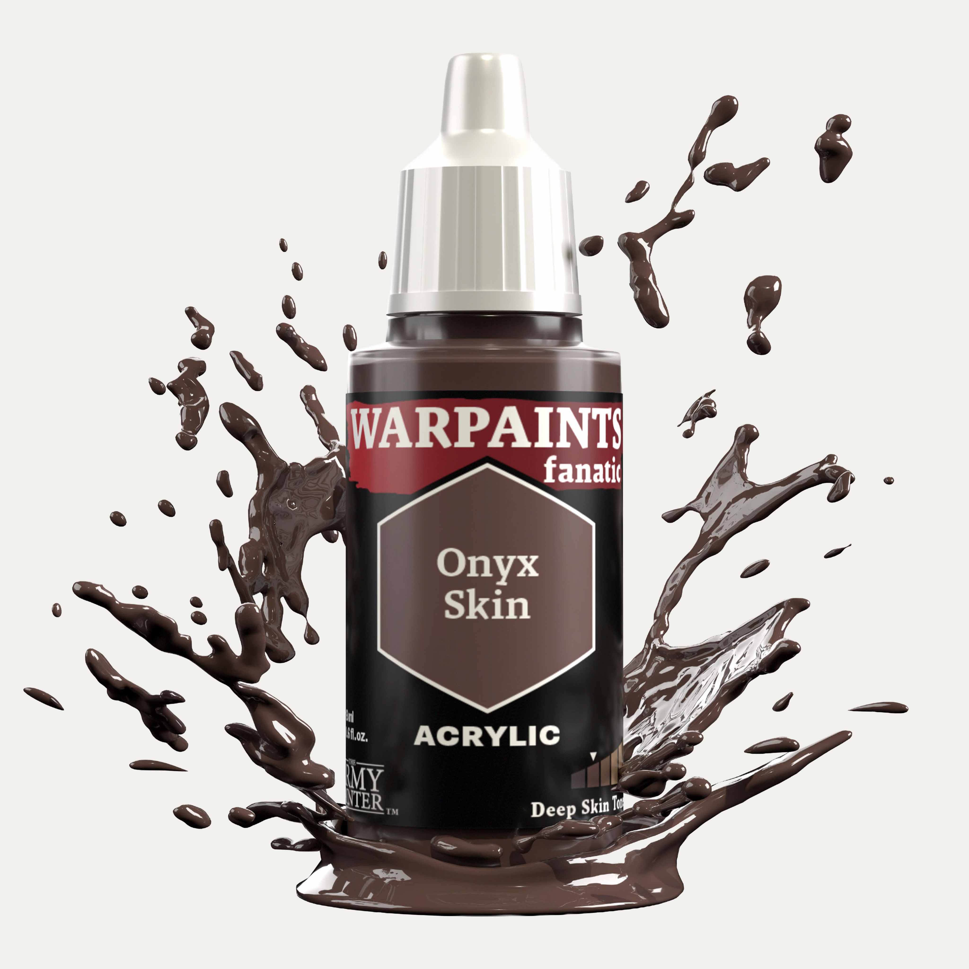 Bottle of the Army Painter Fanatics in the colour Onyx Skin on a white background. There are splatters of paint emerging from the bottom of the paint bottle. 