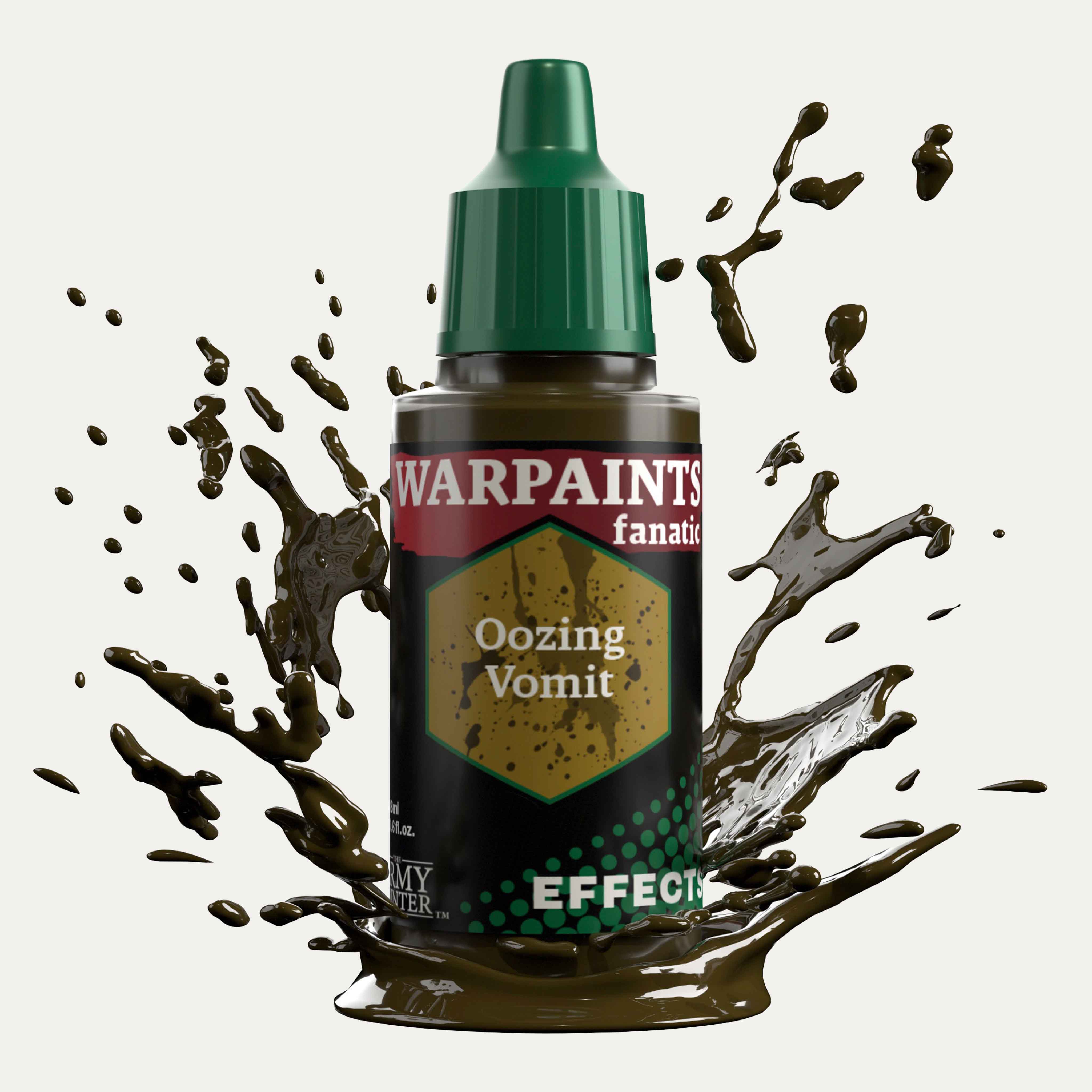 Bottle of the Army Painter Fanatics Effects in the colour Oozing Vomit on a white background. There are splatters of paint emerging from the bottom of the paint bottle. 
