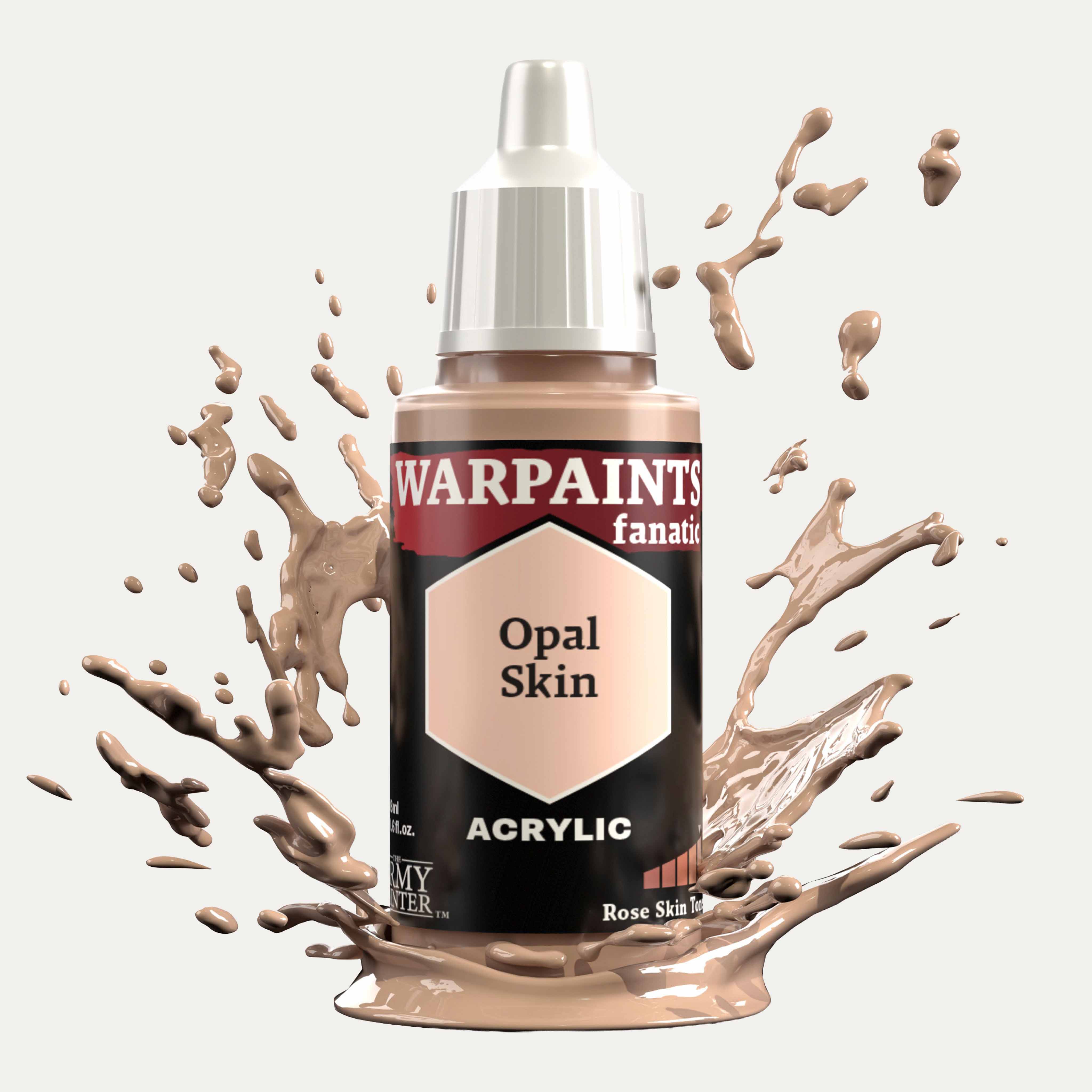 Bottle of the Army Painter Fanatics in the colour Opal Skin on a white background. There are splatters of paint emerging from the bottom of the paint bottle. 