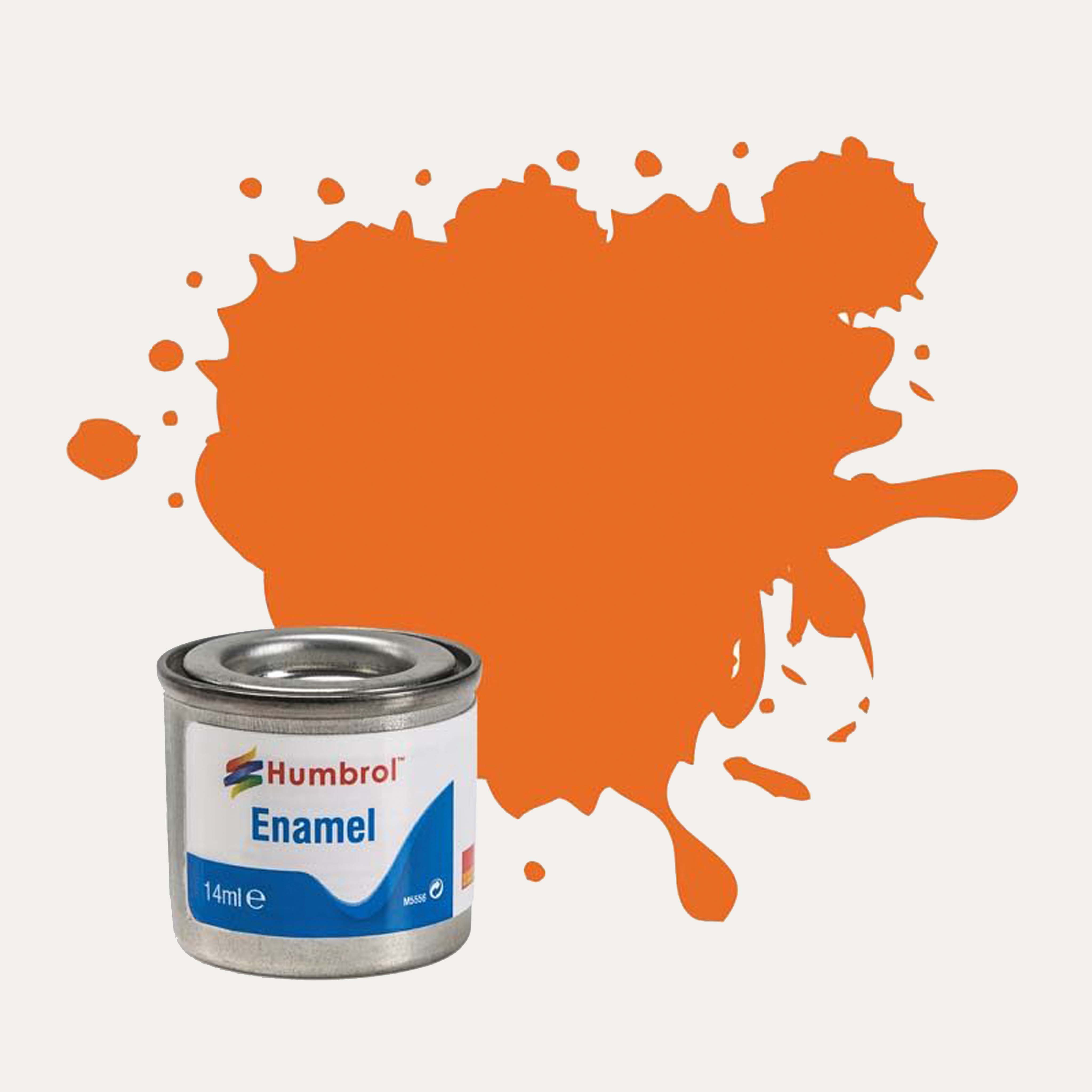 Humbrol Enamel paint tin, with a splatter of Orange Gloss colour behind it, on a white background.