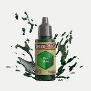Bottle of the Army Painter Speedpaint in the colour Orc Skin on a white background. There are splatters of Orc Skin paint emerging from the bottom of the paint bottle.