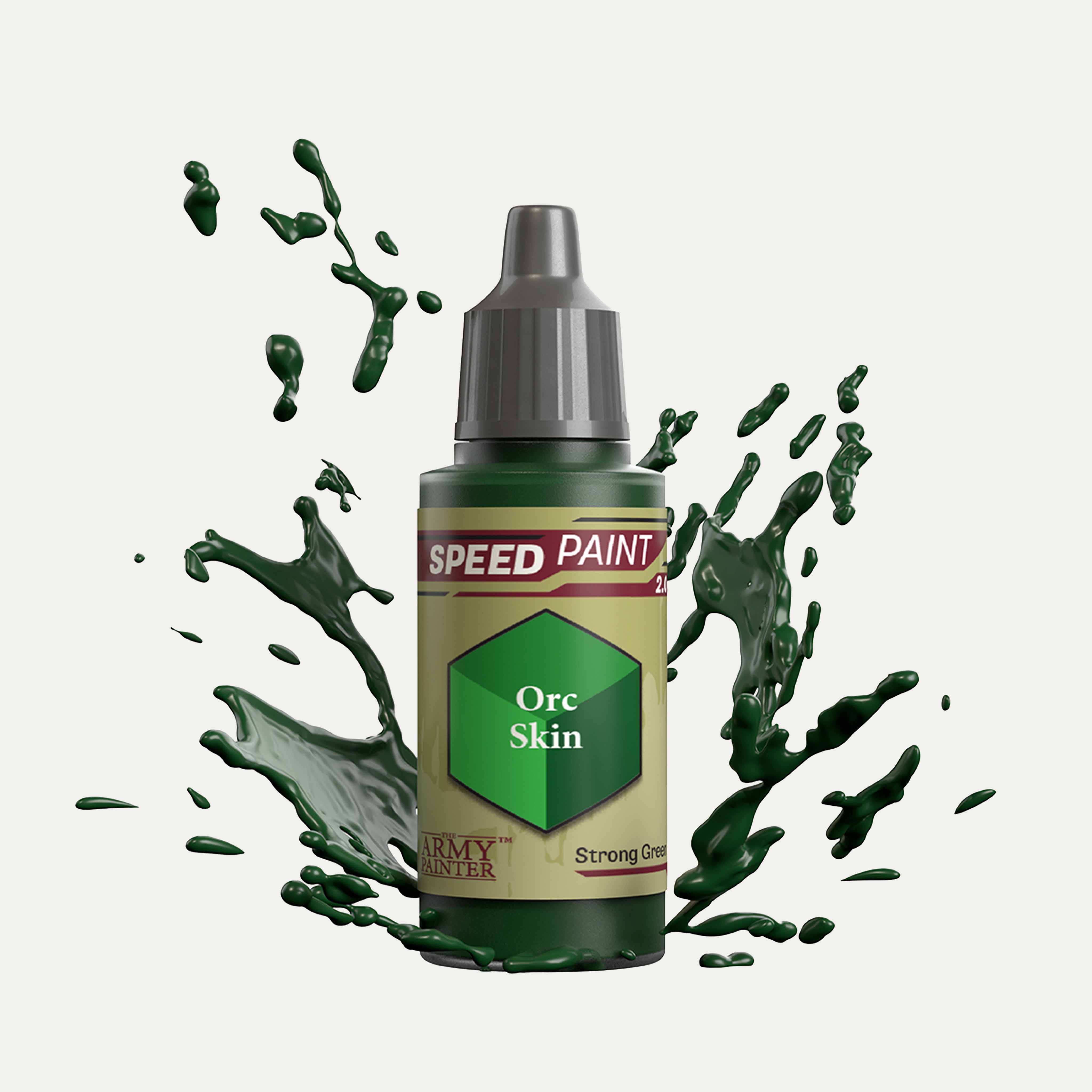 Bottle of the Army Painter Speedpaint in the colour Orc Skin on a white background. There are splatters of Orc Skin paint emerging from the bottom of the paint bottle.