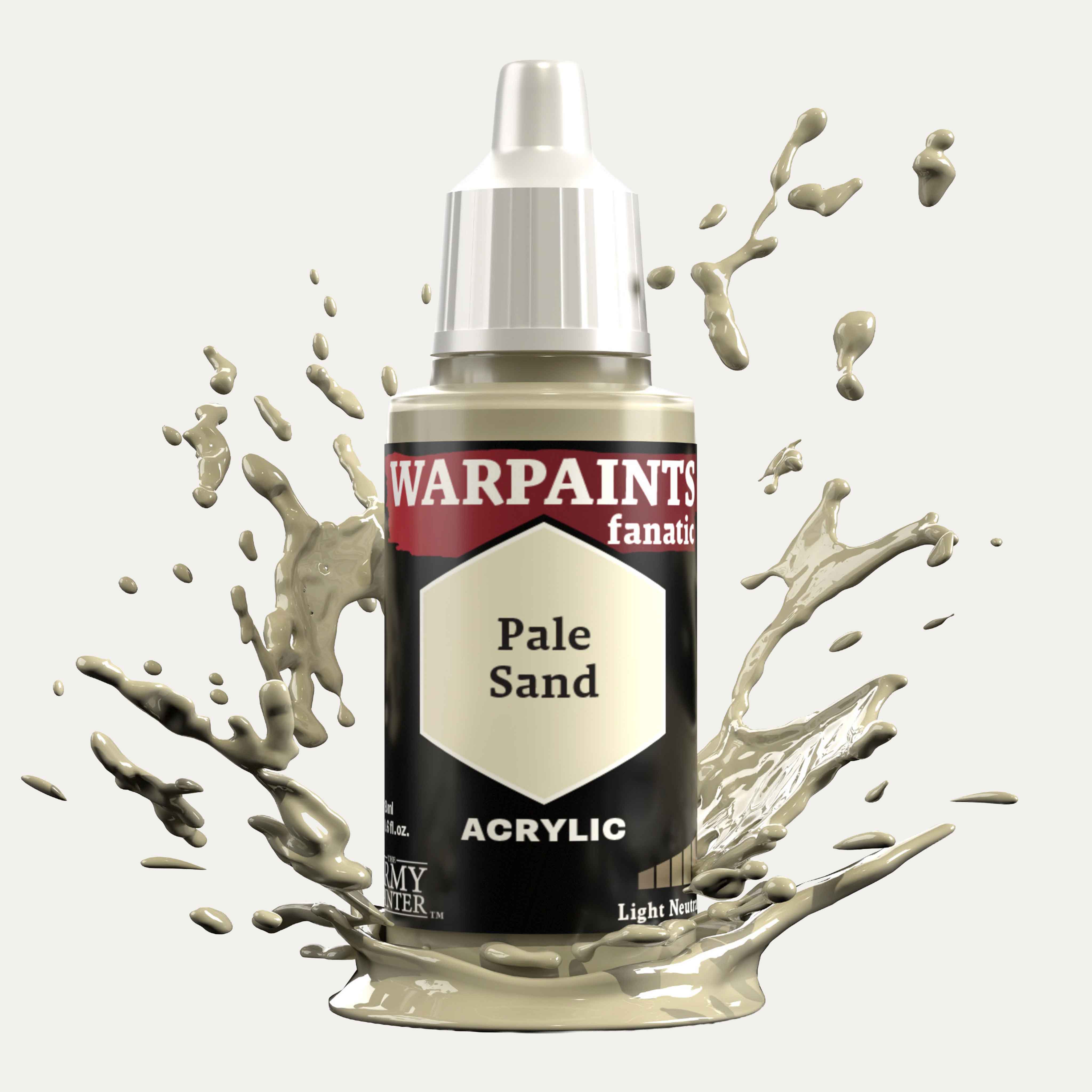 Bottle of the Army Painter Fanatics in the colour Pale Sand on a white background. There are splatters of paint emerging from the bottom of the paint bottle. 