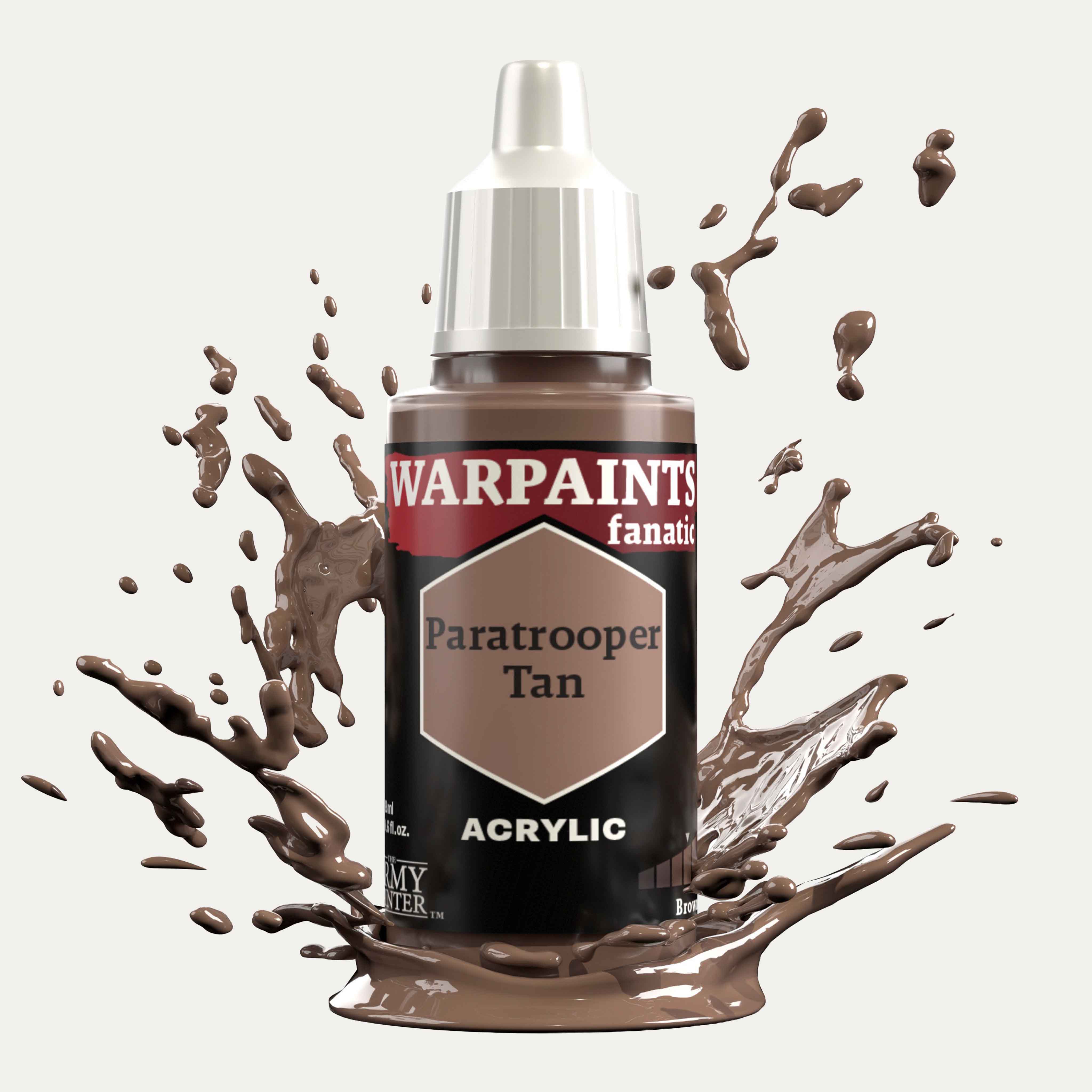 Bottle of the Army Painter Fanatics in the colour Paratrooper Tan on a white background. There are splatters of paint emerging from the bottom of the paint bottle. 