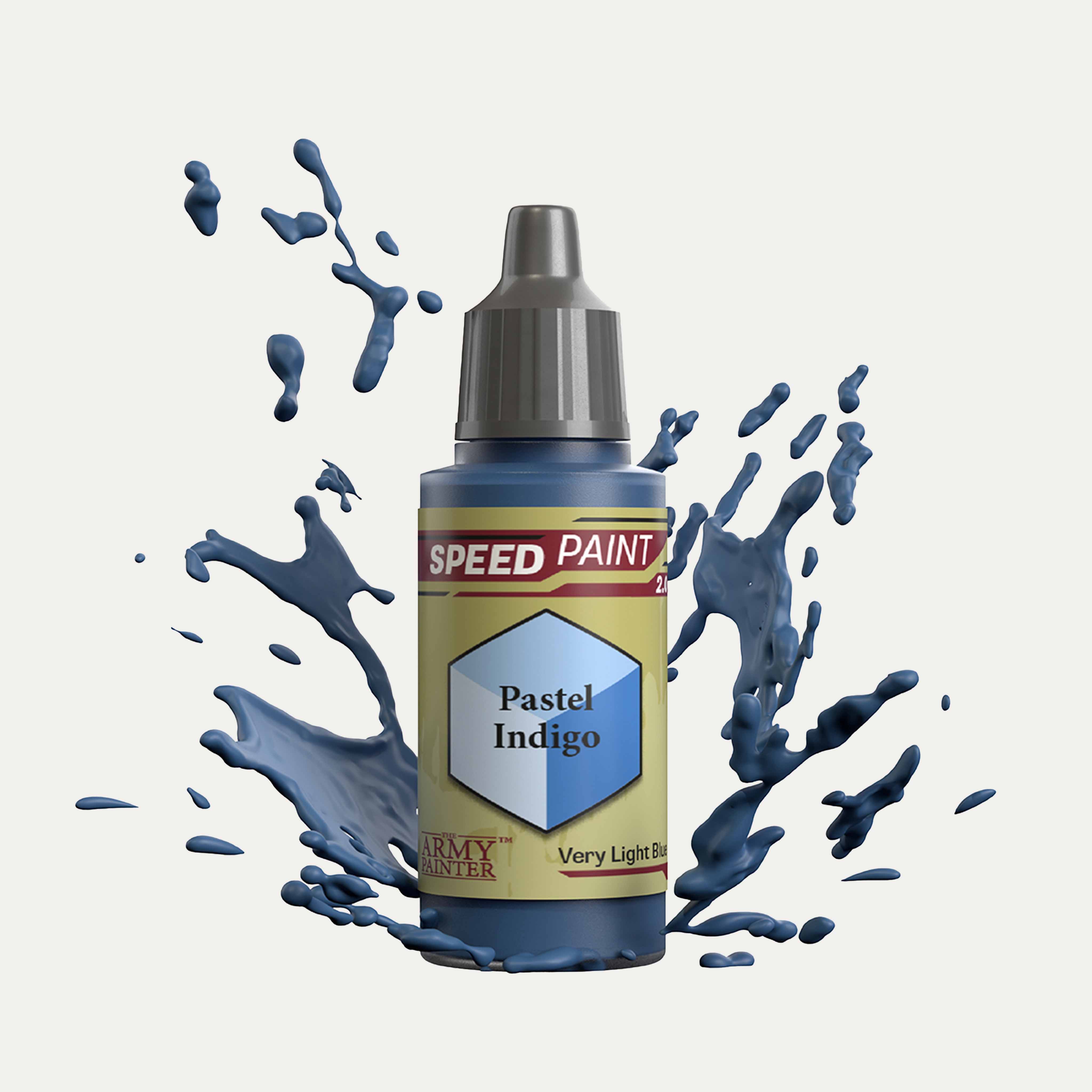 Bottle of the Army Painters Speedpaint in the colour Pastel Indigo on a white background. There are splatters of Pastel Indigo paint emerging from the bottom of the paint bottle. 