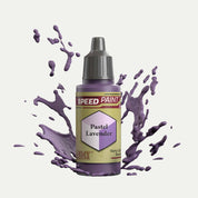 Bottle of the Army Painters Speedpaint in the colour Pastel Lavender on a white background. There are splatters of Pastel Lavender paint emerging from the bottom of the paint bottle. 